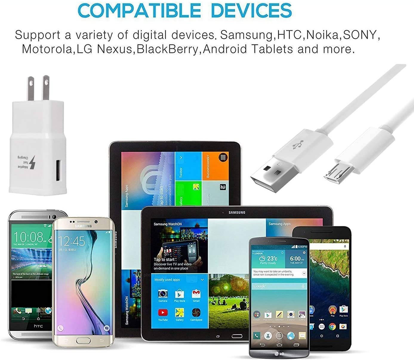 Fast Charging Wall Adapter with 6ft Micro USB Cable - Compatible with LG Tribute 2 & Other Android Devices | Super Speed Charging Kit (2-Pack, White) | Perfect for Home, Office & Travel Use