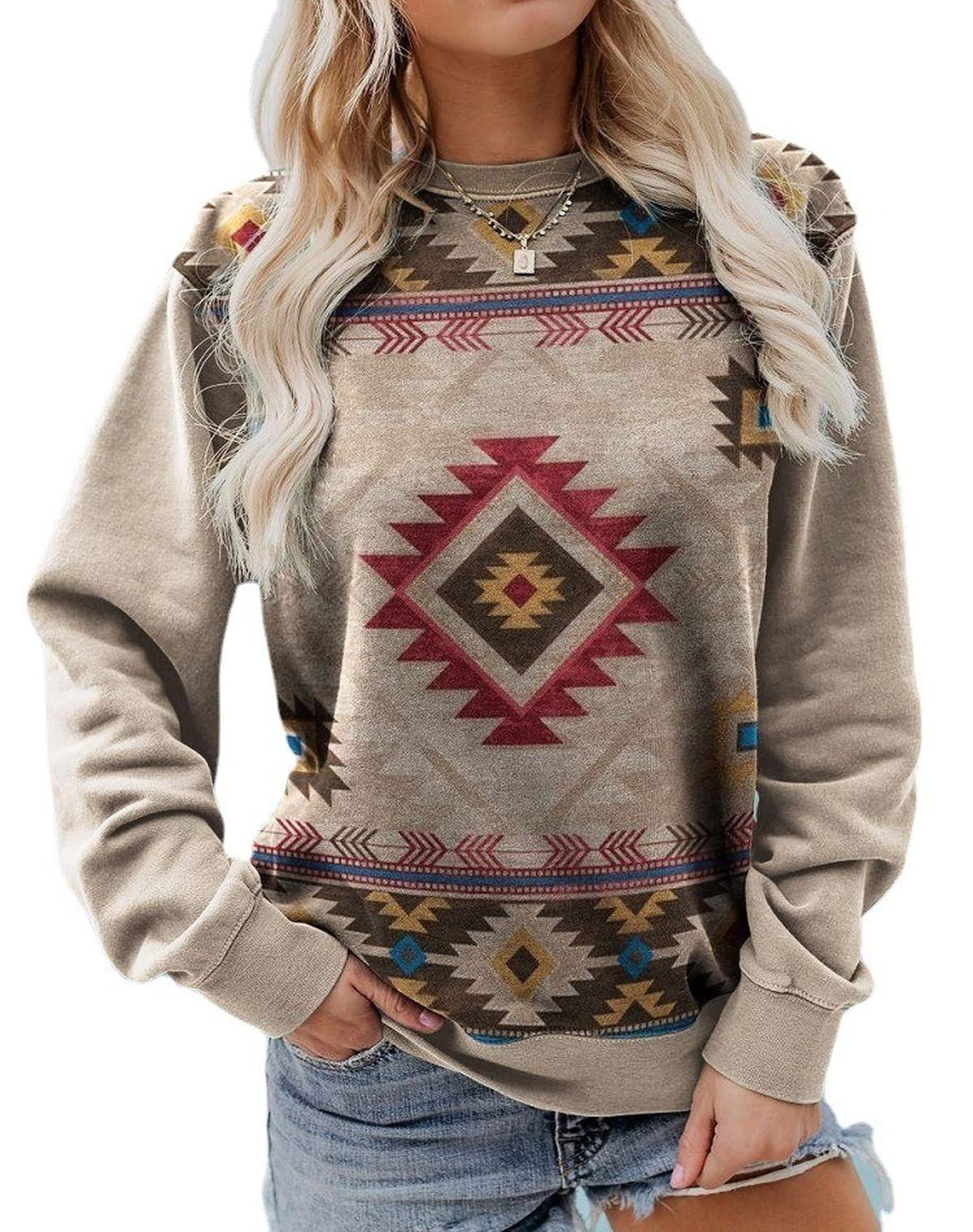 Aztec Sweatshirt Women - Retro Crewneck Long Sleeve Top for Casual Wear