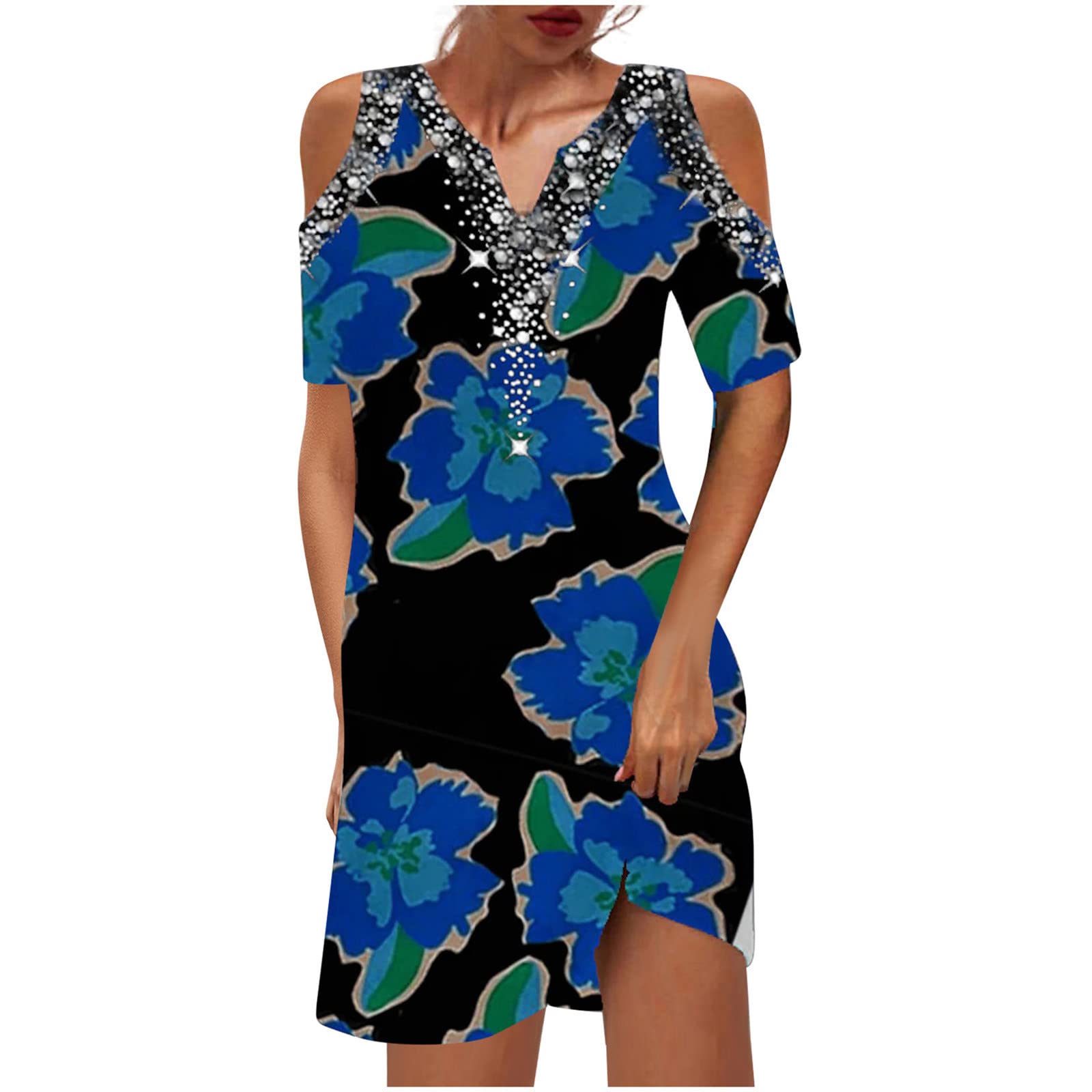 Sexy V-Neck Floral Print Hollow Out Mini Dress for Women - Summer Casual Short Sleeve Party Dress, Perfect for Beach Vacations, Date Nights & Club Outings