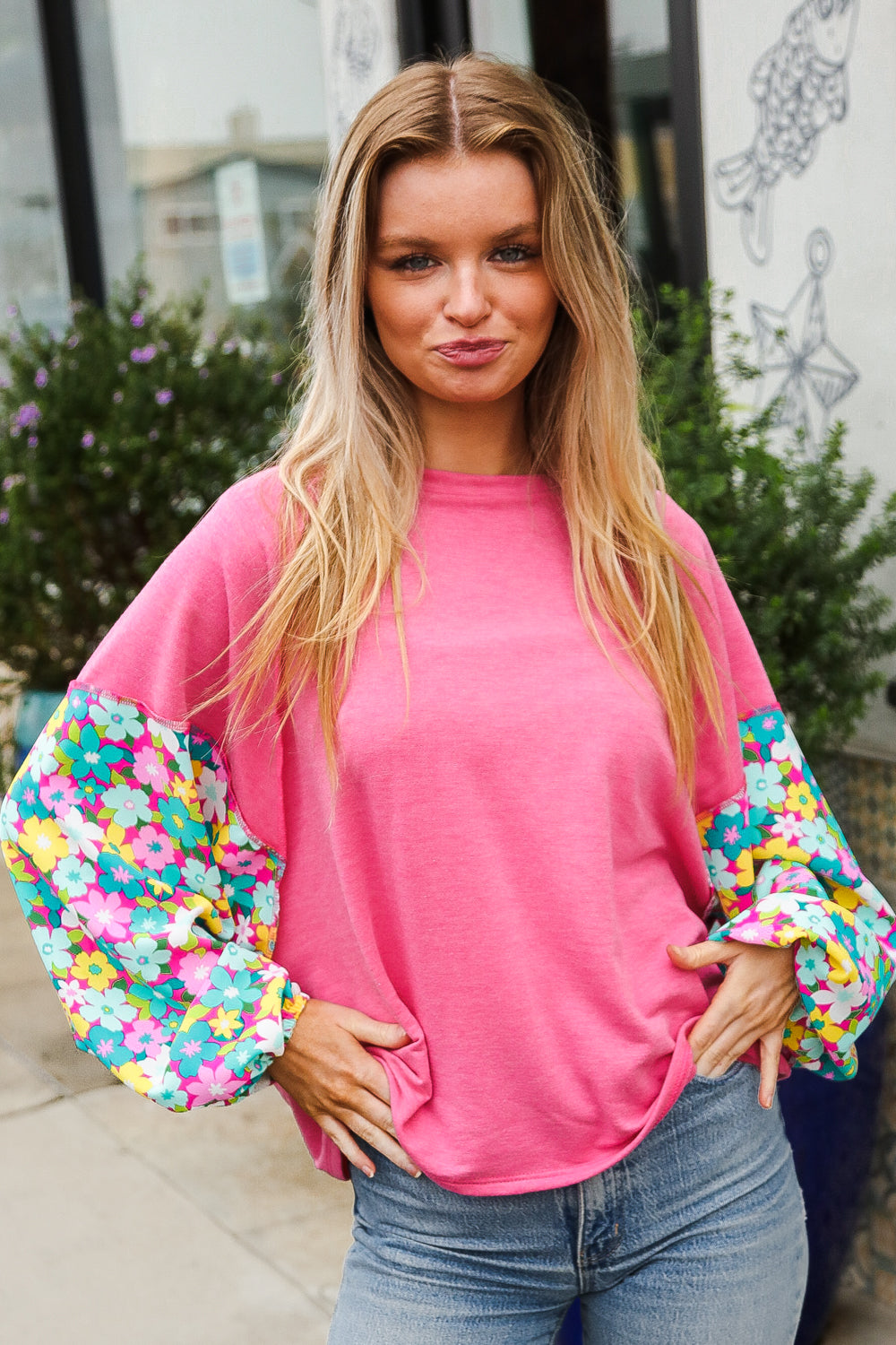 Pink & Floral Bubble Sleeve French Terry Pullover Sweatshirt for Women - Cozy Oversized Loungewear for Casual Outings & Coffee Dates