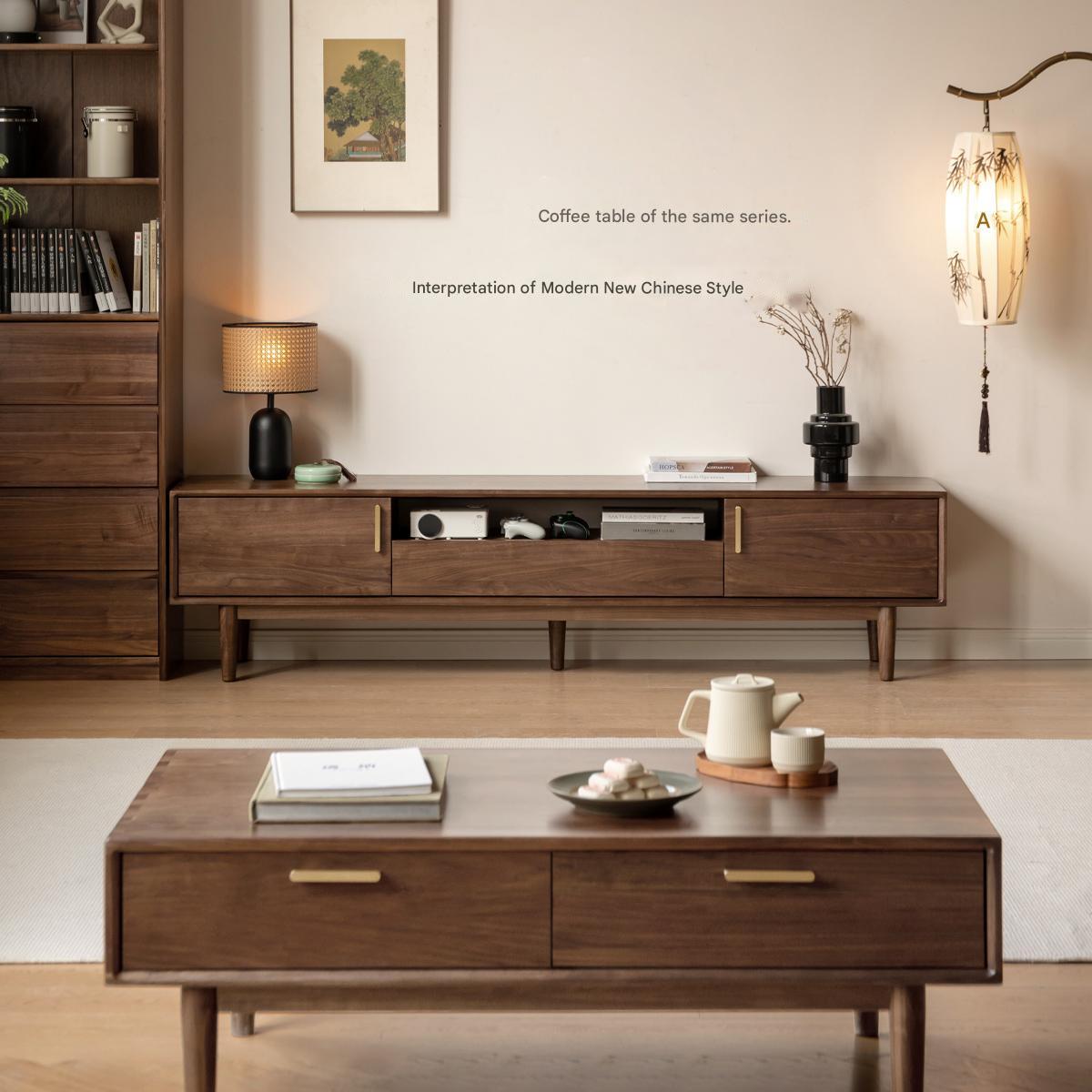 Premium Black Walnut Solid Wood TV Stand Cabinet with Storage - Modern Entertainment Center for Living Room, Home Theater & Media Organization