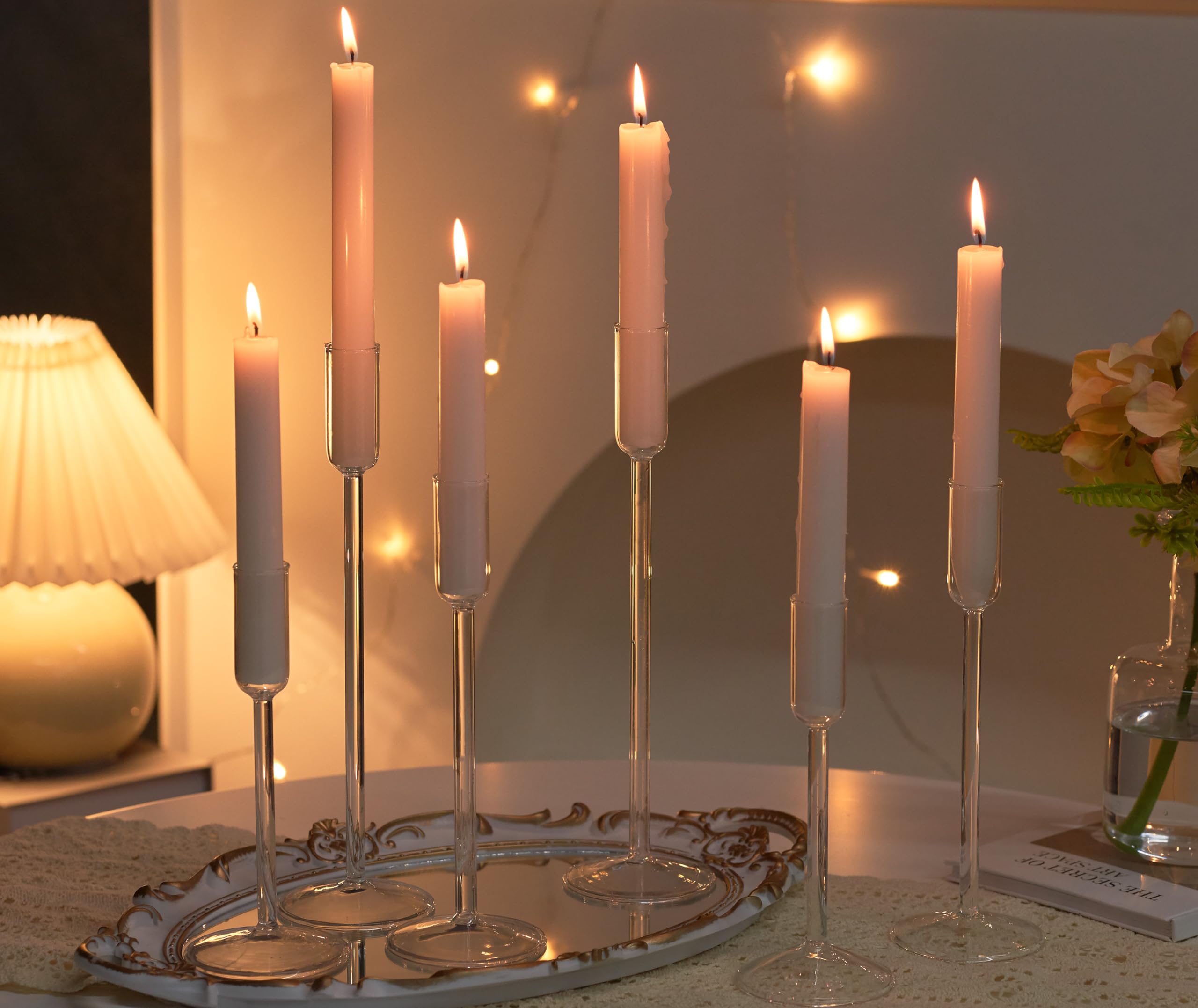 Glass Taper Candle Holders Set of 6 - Clear Tall Candlesticks in 3 Heights for Wedding Centerpieces, Party Decor, Dining Table & Home Decoration