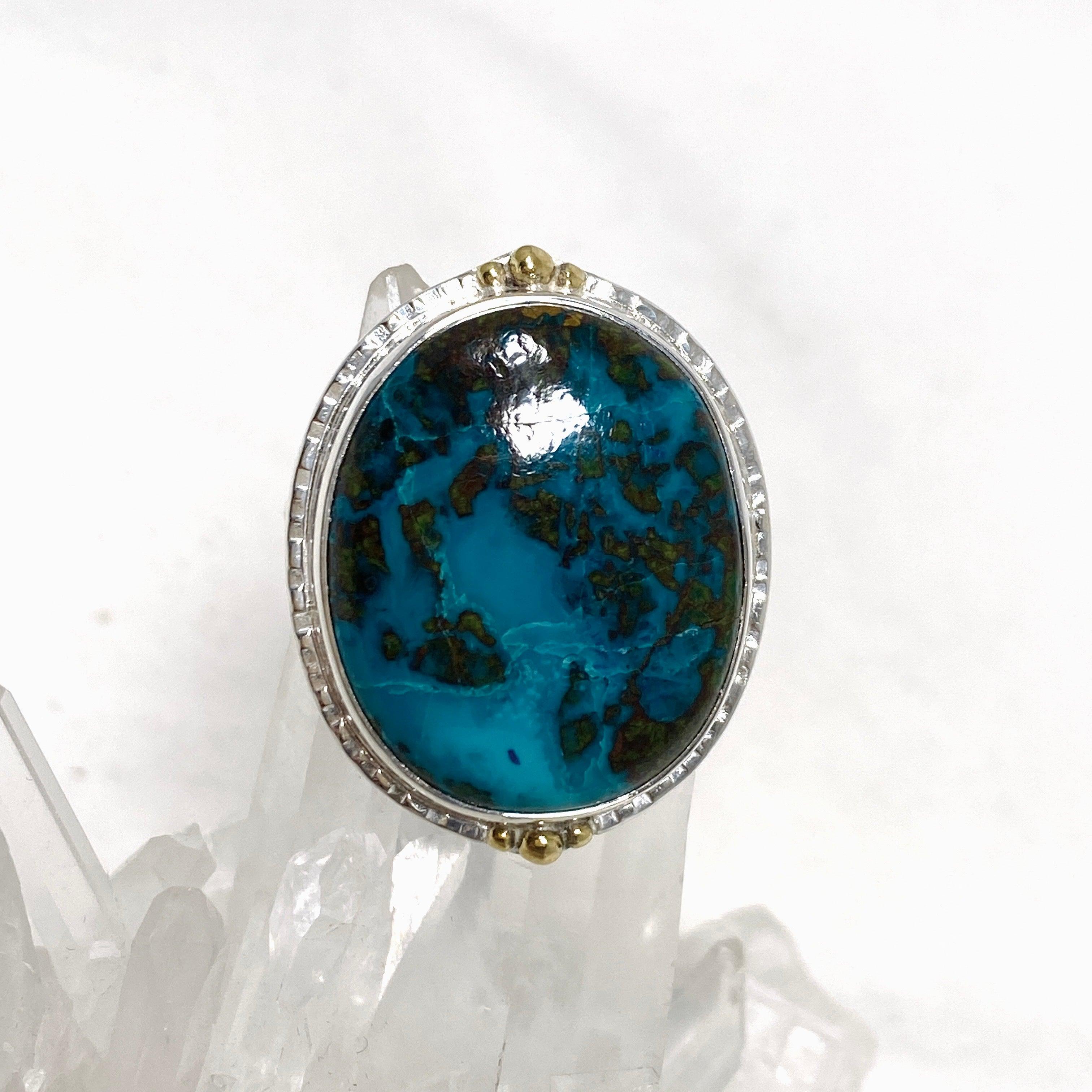 Chrysocolla and Shattuckite Oval Ring with Brass Accents - Size 11 - KRGJ3226 - Perfect for Boho Jewelry Lovers & Spiritual Healing