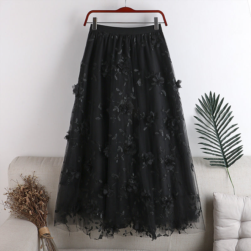 High Waist Mesh A-Line Skirt with 3D Embroidery Flowers - Flowy Midi Swing Skirt for Women - Perfect for Summer Outfits, Beach Vacations & Boho Fashion