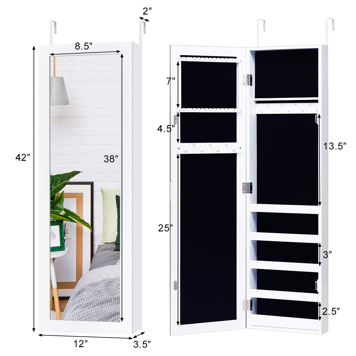 Giantex Wall Mounted Jewelry Armoire Cabinet with Full-Length Mirror - Large Storage Organizer with Ring Earring Slots, Necklace Hooks & Shelves - Perfect for Bedroom, Closet & Dressing Room Organization