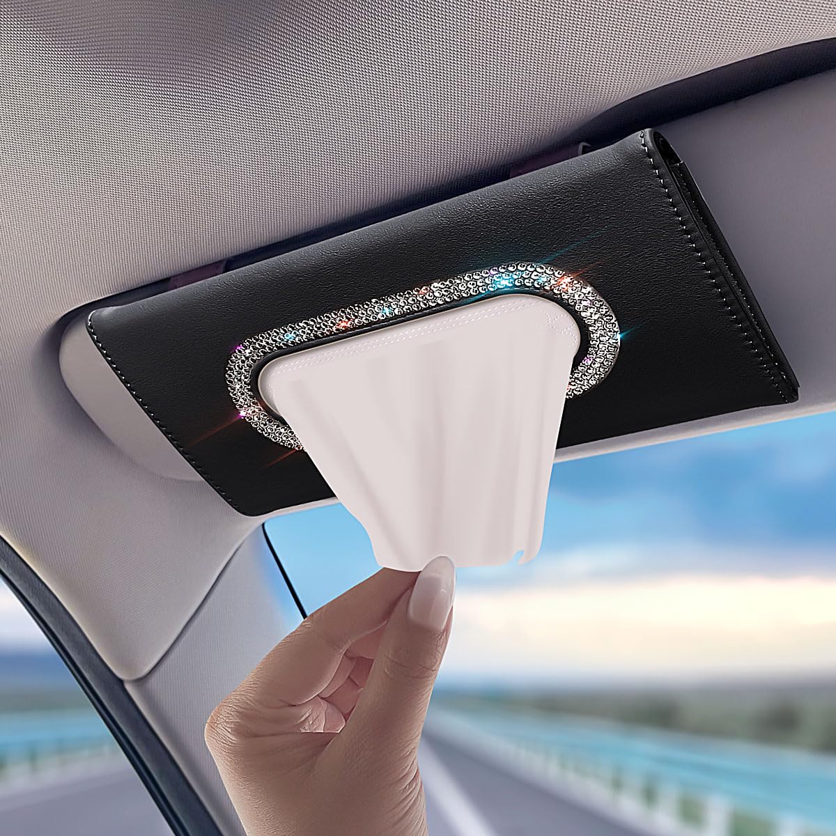 Diamond Car Visor Tissue Holder - PU Leather Sun Visor Napkin Organizer for Masks & Wipes (Black) | Perfect for Road Trips & Daily Commute