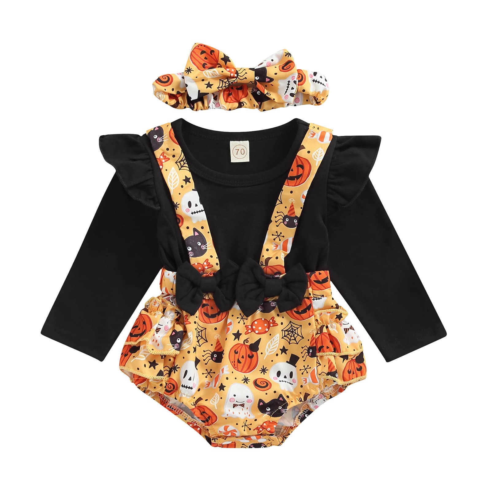 **Adorable Baby Girl Halloween Outfit - Pumpkin Ghost Romper & Suspender Dress Onesie with Headband | Cute Fall Costume for Infants & Toddlers | Perfect for Halloween Parties, Trick-or-Treating & Photo Shoots**
