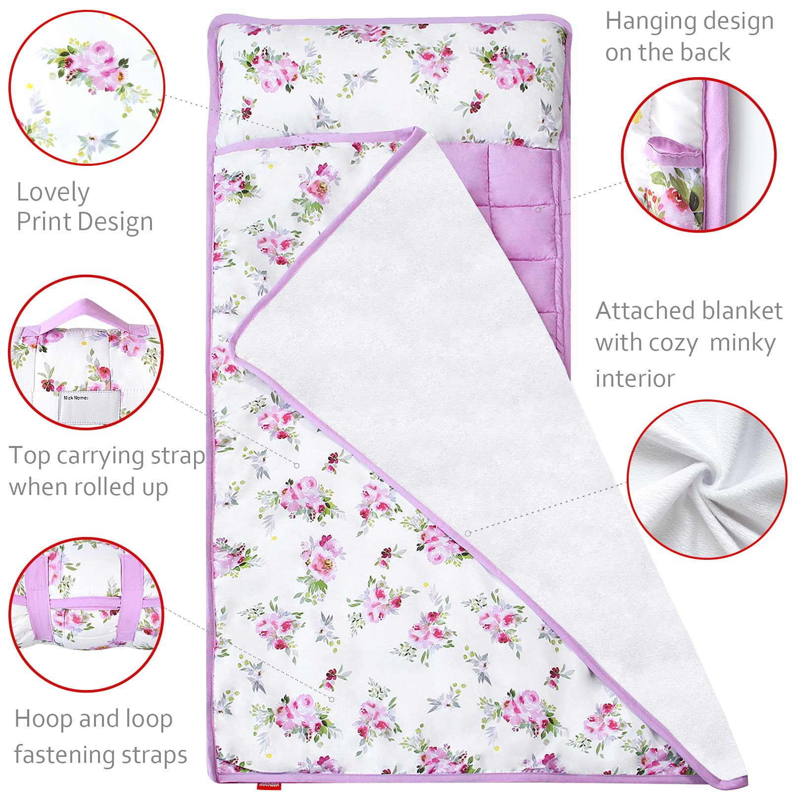Floral Toddler Nap Mat for Girls with Pillow & Soft Fleece Blanket - Lightweight Portable Sleeping Mat for Daycare, Preschool & Travel