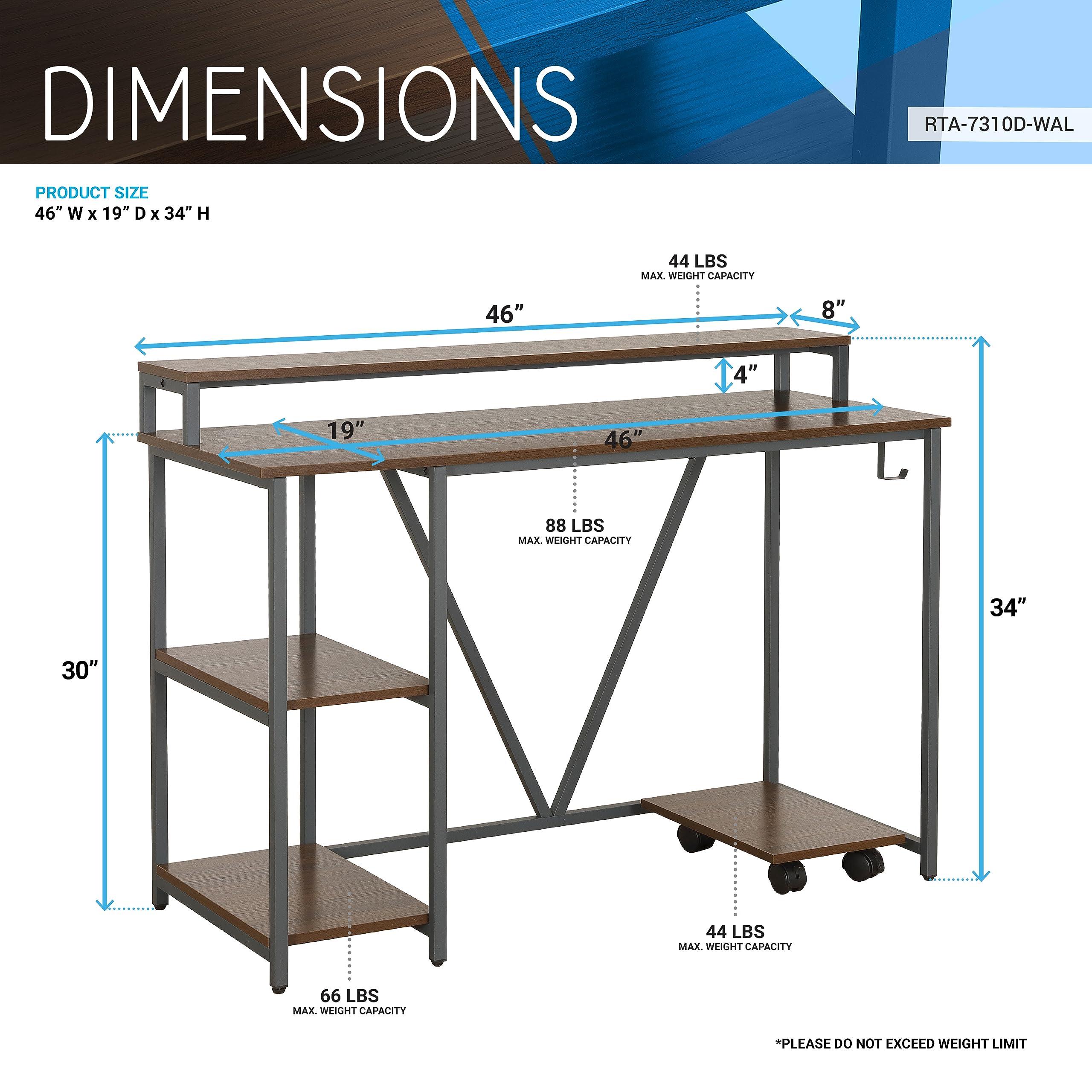Techni Mobili Industrial Walnut Computer Desk with Storage Shelves, Monitor Stand, CPU Caddy & 2-Tier Bookshelf - Perfect Home Office Laptop Table for Small Spaces & Modern Workstations