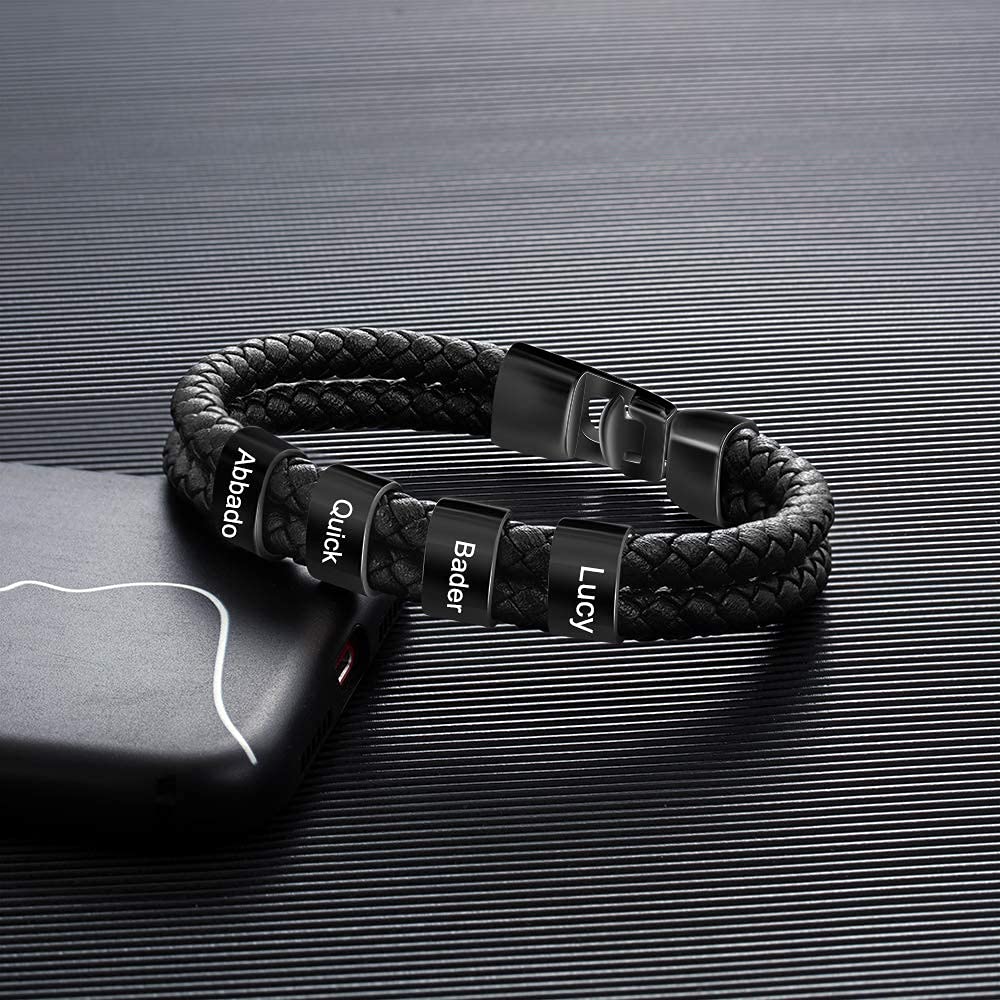 Custom Engraved Men's Leather Bracelet - Personalized Black Braided Cuff with 1-8 Name Beads | Unique ID Bracelet for Men | Perfect Gift for Father's Day, Anniversary & Everyday Wear
