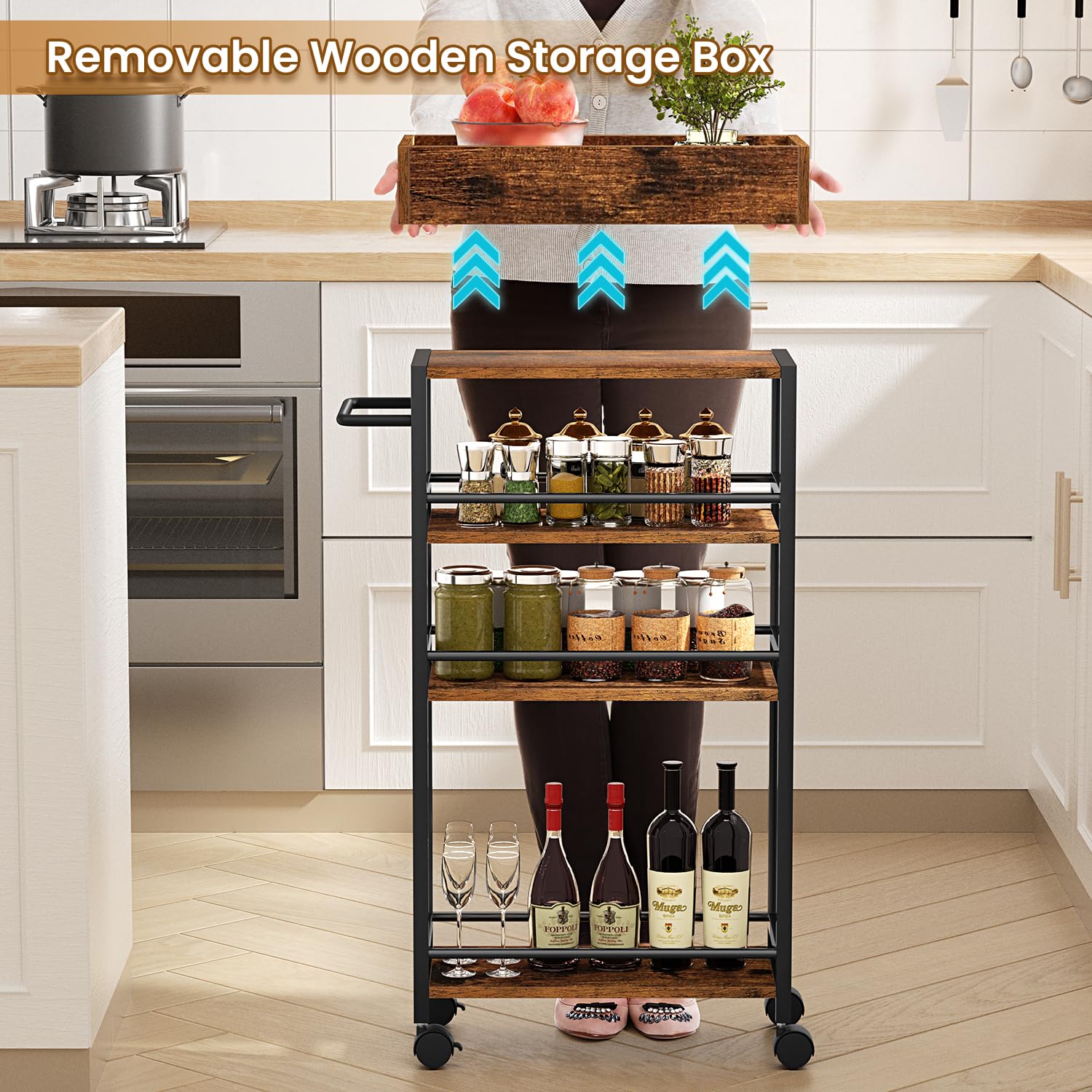 4-Tier Slim Rolling Storage Cart with Wheels & Handle - Narrow Metal Frame Organizer for Kitchen, Bathroom, Office - Perfect for Small Spaces, Laundry Room & Dining Room Storage Solutions