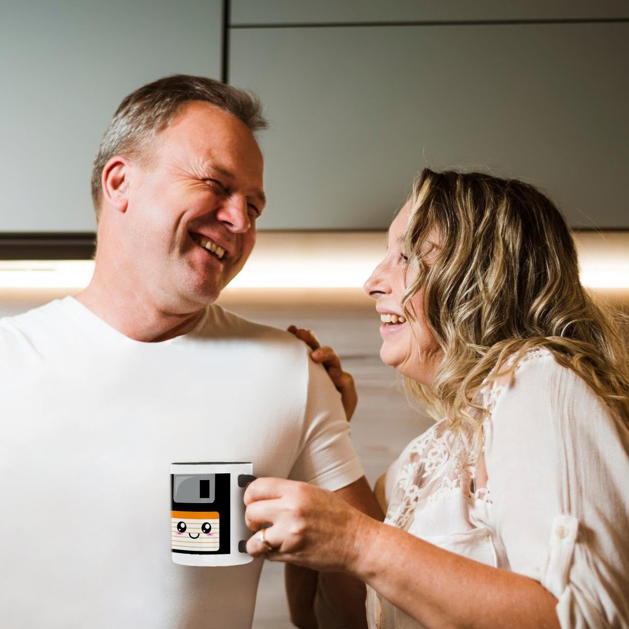 Kawaii Cute Happy Floppy Disk Retro Computer Japanese Anime Smiling Cartoon Orange Label Two Tone Black Mug 11 oz - Perfect for Office Use, Gift Giving & Anime Lovers Collection