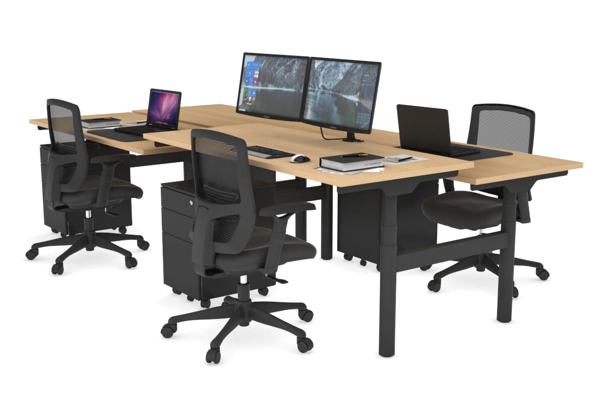 Flexi Premium Height Adjustable 4-Person H Bench Workstation - Black Frame [1200L x 700W] - Ideal for Office, Coworking Space & Home Office Setup