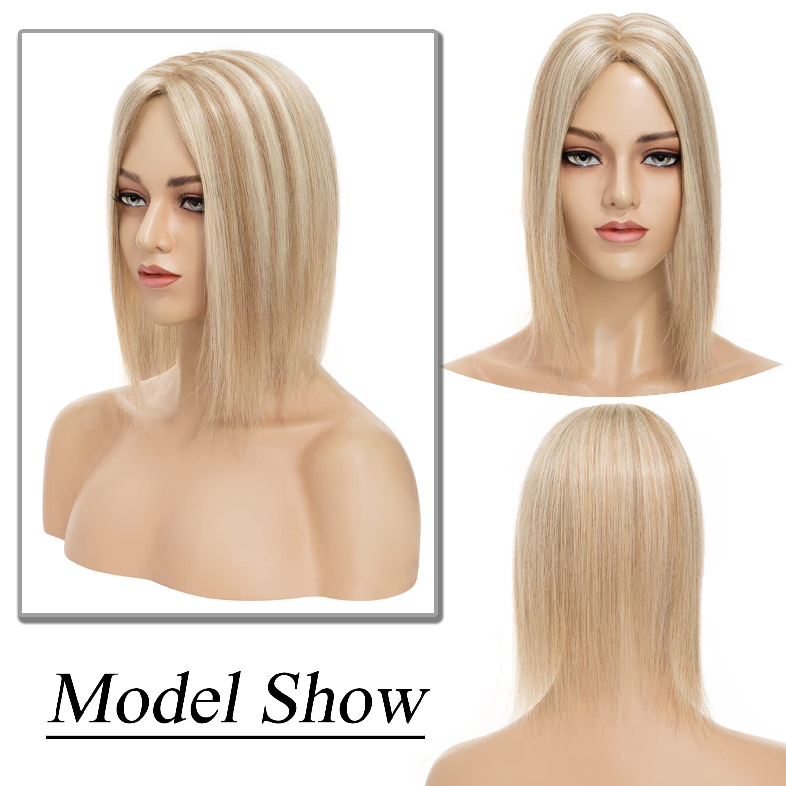 MY-LADY Human Hair Toppers for Women - 10x12cm Silk Base Hairpiece for Thinning Hair - 130% Density Clip-in Remy Hair Topper No Bangs - 10 Inch #12/613 Golden Brown & Bleach Blonde - Perfect for Daily Wear, Parties & Special Occasions