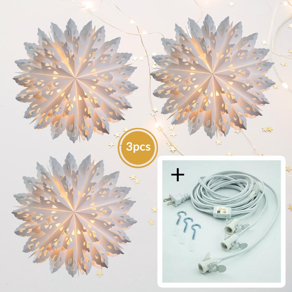 3 Pack White Winter Wreath 32 Inch - Pizzelle Designer LED Illuminated Paper Star Lantern with Bulbs & Cord - Holiday Decor for Christmas, Front Door, Indoor & Outdoor Decorations