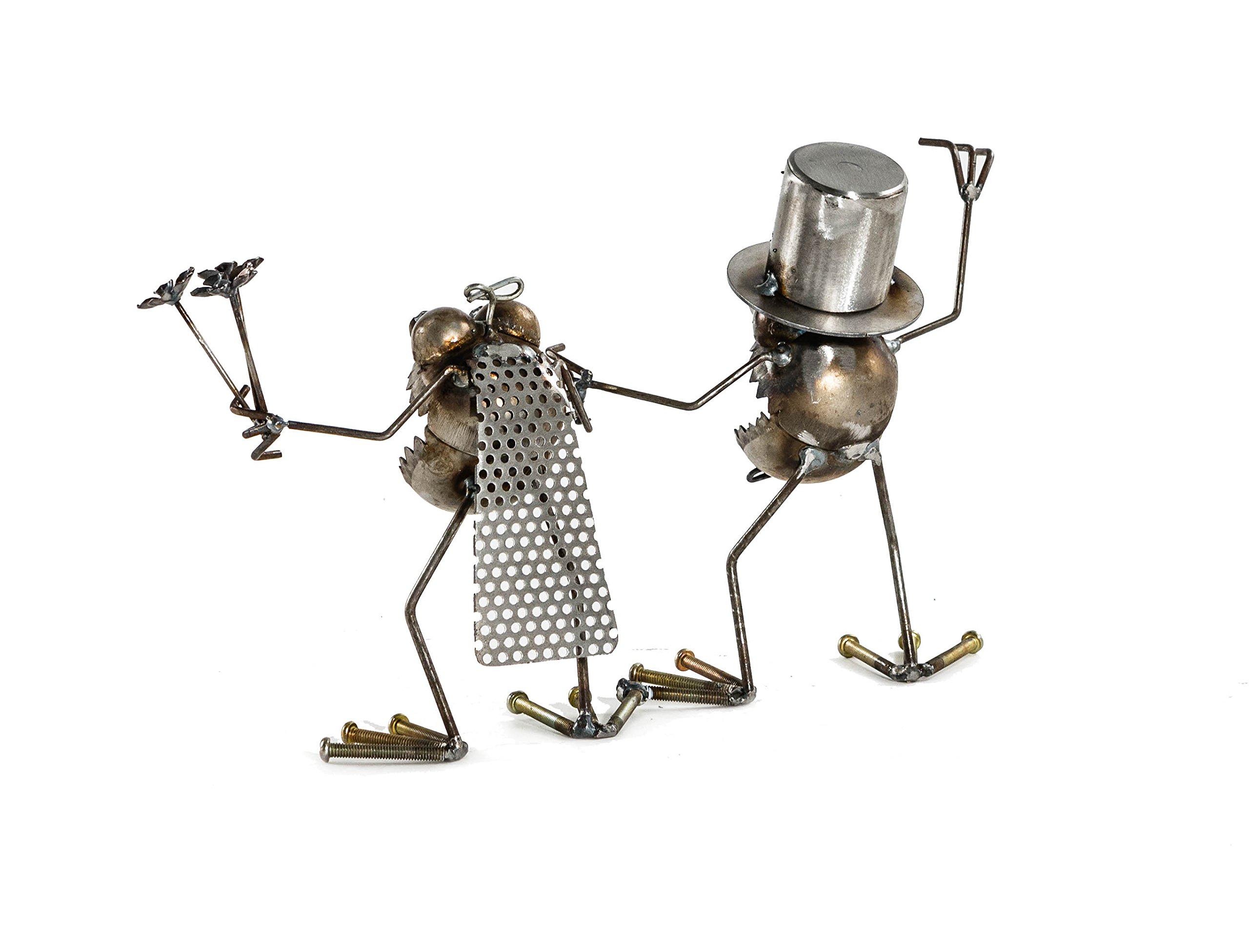 Handmade Scrap Metal Wedding Cake Topper - Sugarpost Gnome Be Gone Mini Couple Sculpture #1080 | Unique Rustic Wedding Decor, Anniversary Gift, or Home Decoration