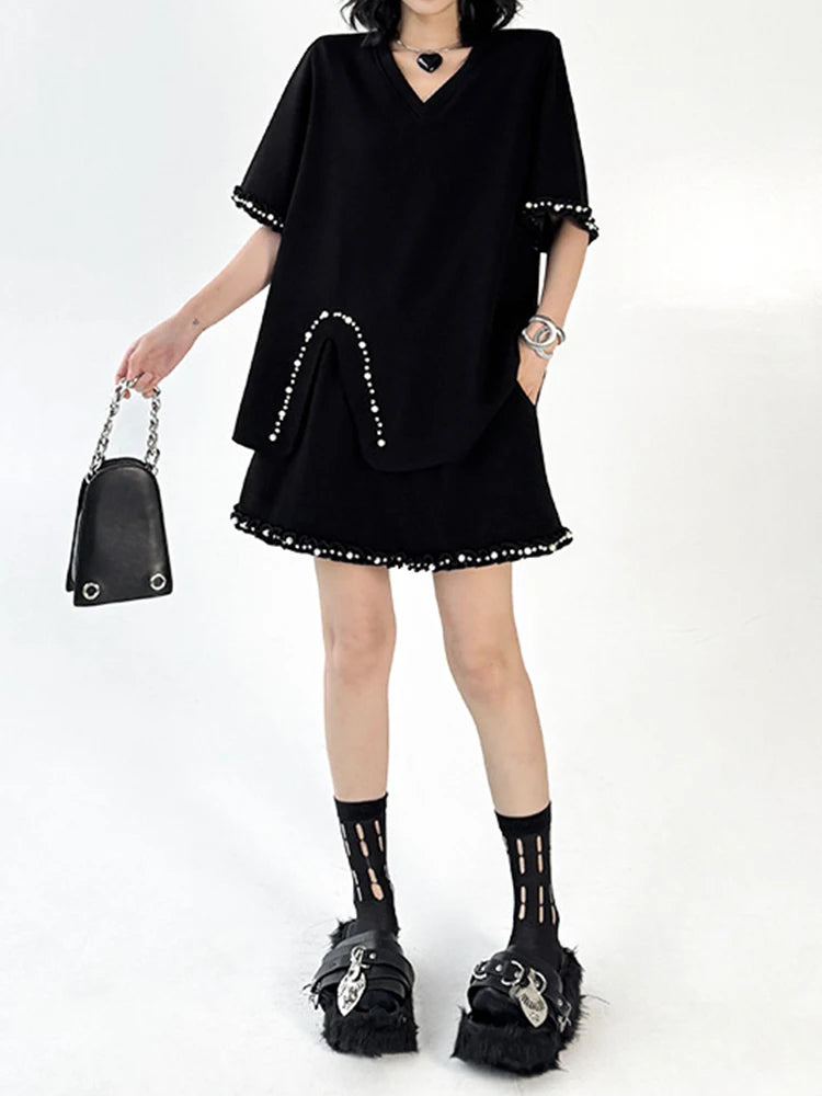 Black Pearl Print T-Shirt & Mini Skirt 2-Piece Set - Round Neck Short Sleeve Women's Fashion Outfit for Spring Summer 2025 | Casual Wear, Street Style, Party Outfit