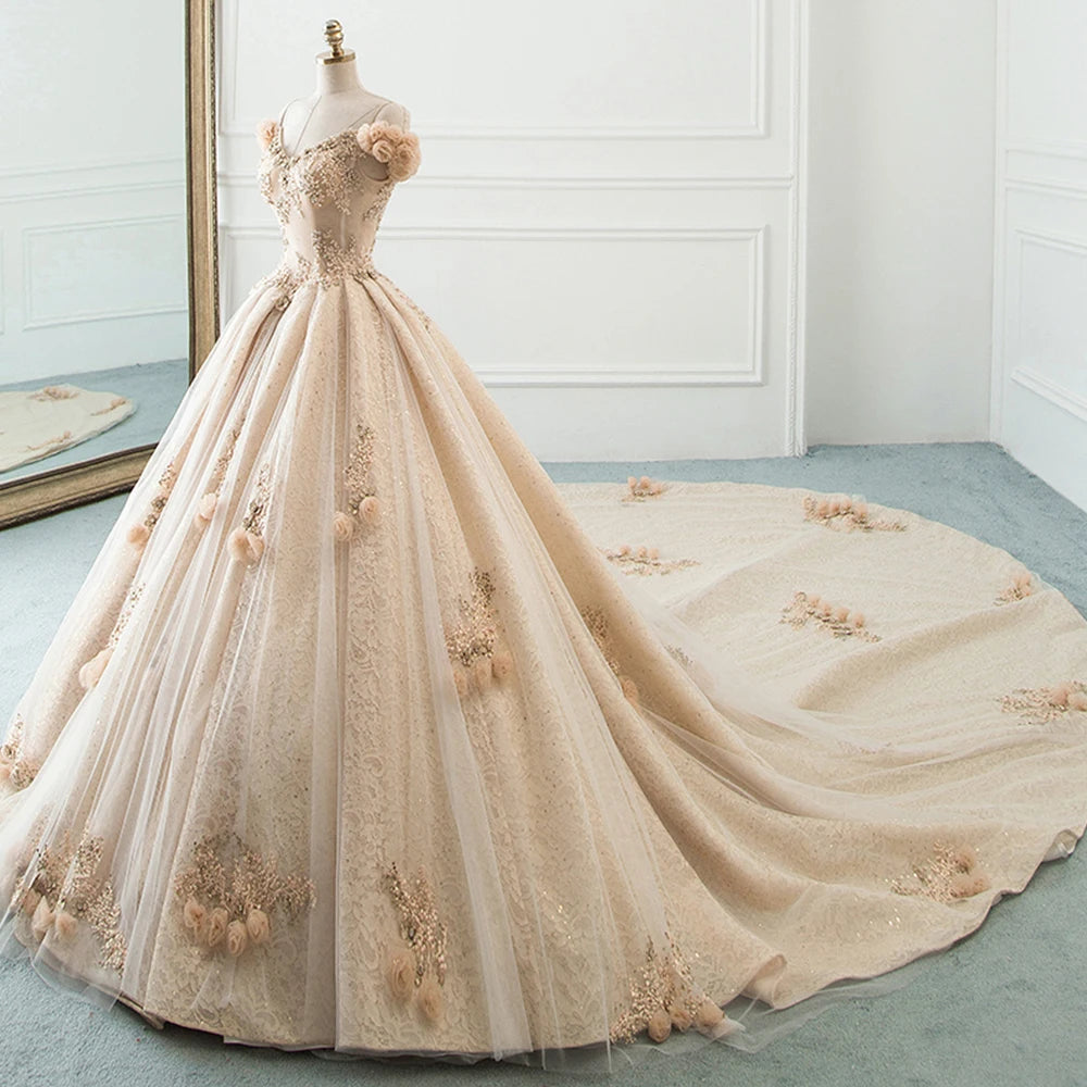 Luxury Handmade Tulle Ball Gown A-Line Wedding Dress with Floral Appliques - Perfect for Bridal, Prom, and Formal Occasions