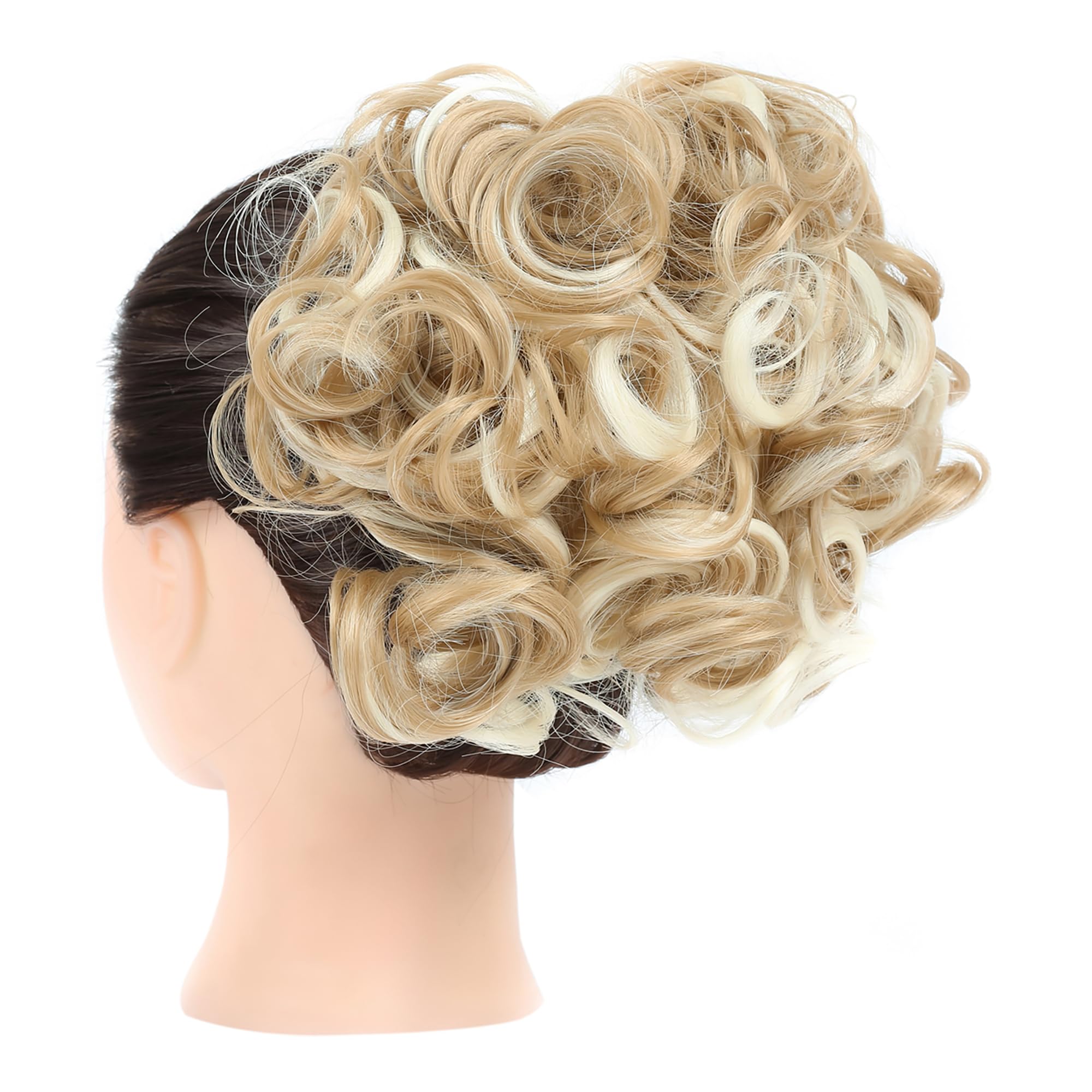 Elaine Combs Messy Bun Hairpiece - Clip in Ponytail Extension for Women with Curly Thick Chignon & Scrunchies (Ash Blonde & Bleach Blonde Highlights #58) - Perfect for Weddings, Parties and Everyday Hairstyles