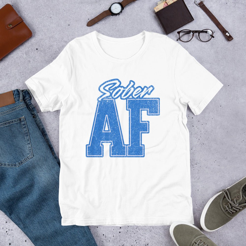 Sober AF Collegiate Unisex T-Shirt - Comfortable Cotton Tee for College Students, Sobriety Support & Casual Wear