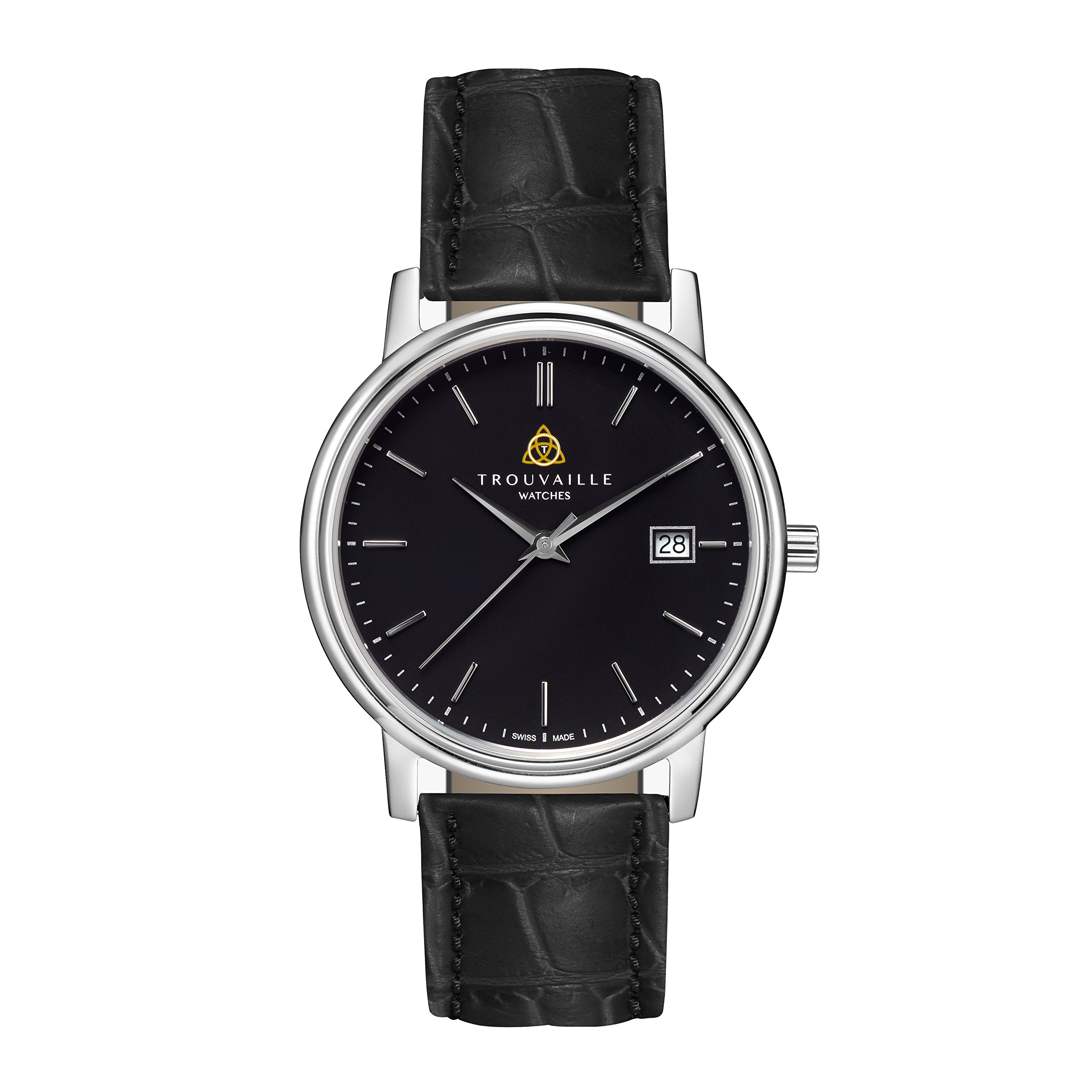 Trouvaille Classic Index Black Dial Watch for Men - Minimalist Analog Wristwatch with Leather Strap - Perfect for Business, Casual & Everyday Wear