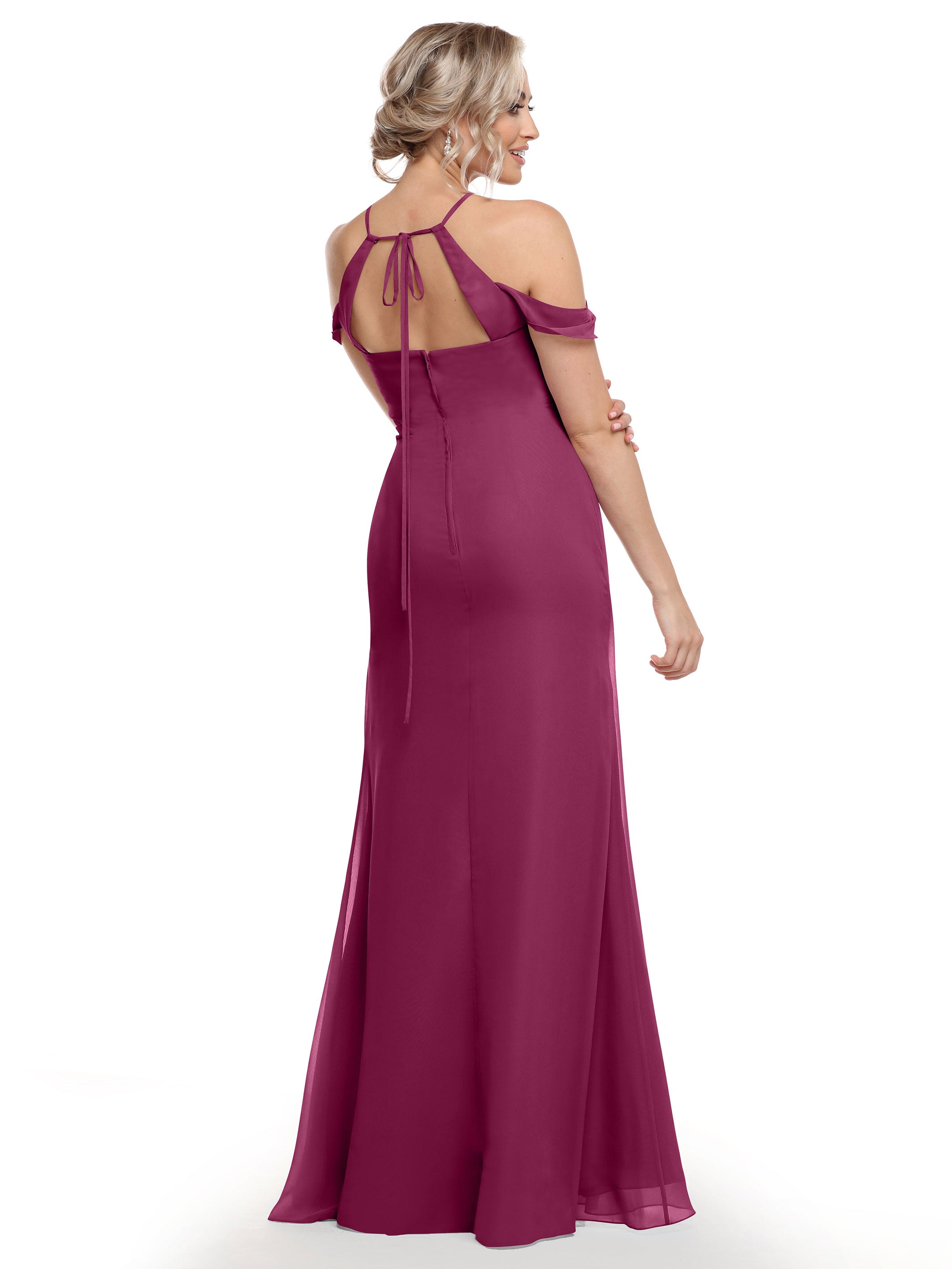 Elegant Off-The-Shoulder Chiffon Bridesmaid Dress with Halter Neckline - Perfect for Weddings, Formal Events & Special Occasions