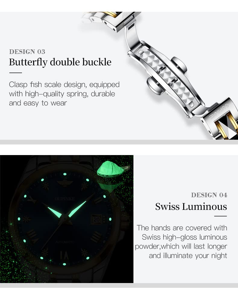 OLEVS Luxury Automatic Women's Watch with Diamond & Sapphire Crystal - Elegant Dress Mechanical Watch - Waterproof Tungsten Steel Date Watch for Women - Perfect for Business, Party & Special Occasions
