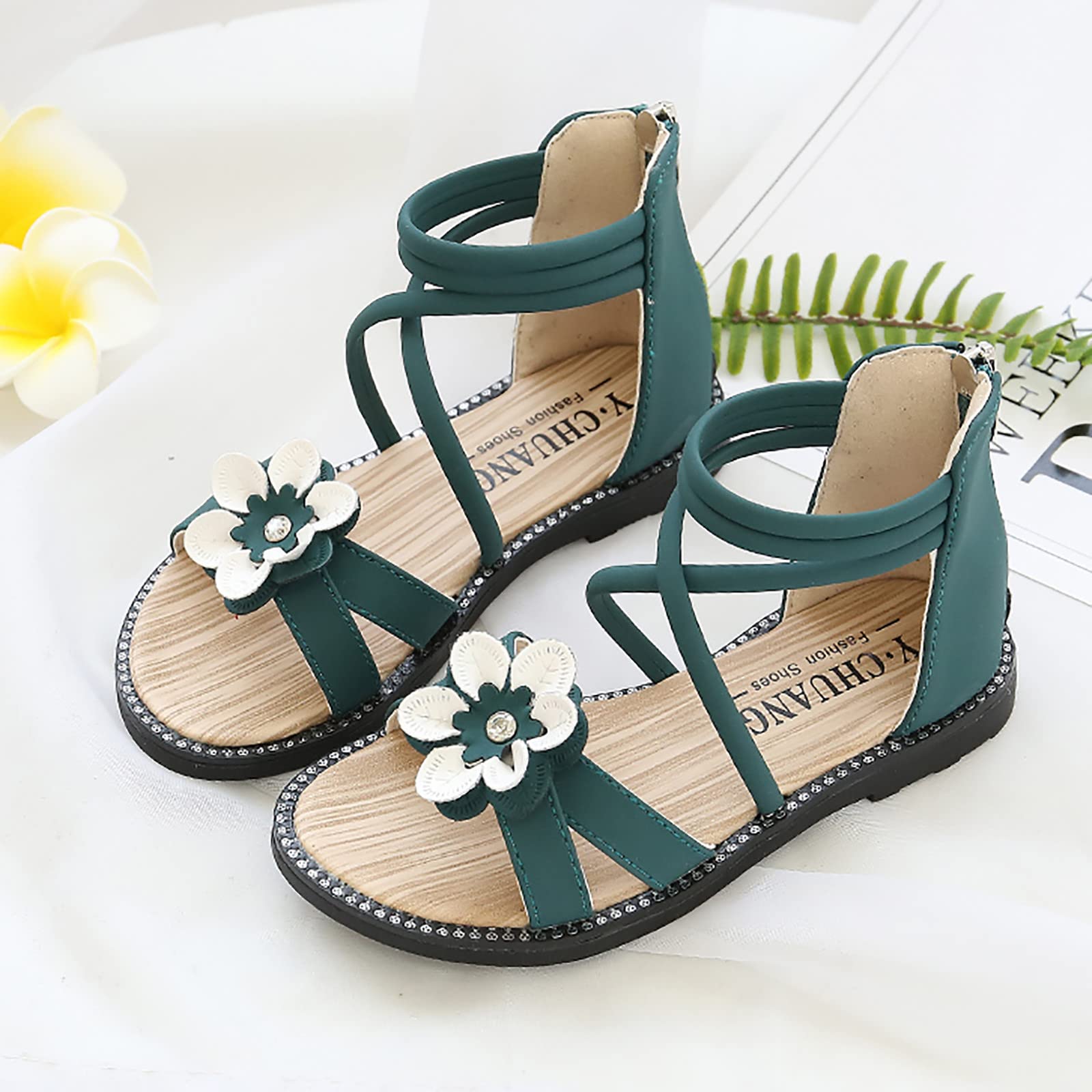 EnJoCho Girls Flower Sandals - Princess Dance Shoes for Toddlers (Green, Size 28) - Perfect for Parties & Playtime