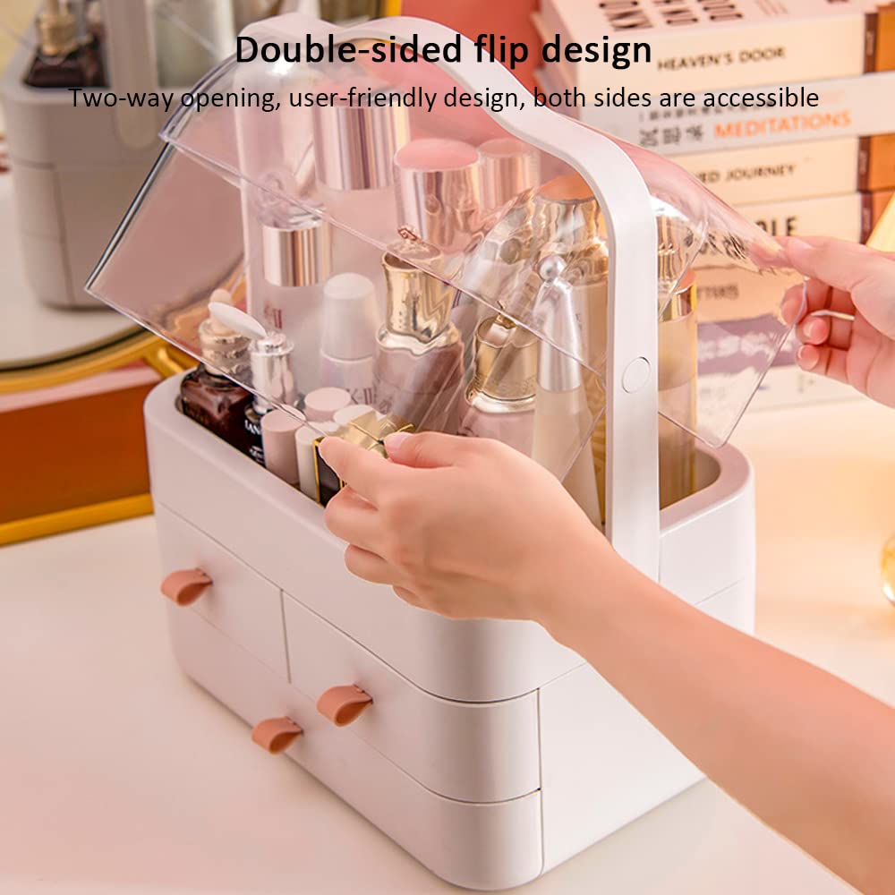 Makeup Organizer - Dustproof Cosmetic Storage Box with Portable Handle & Waterproof Lid for Bathroom, Bedroom, Vanity | Travel-Friendly Beauty Case for Makeup Brushes, Lipsticks & Skincare Products (White)