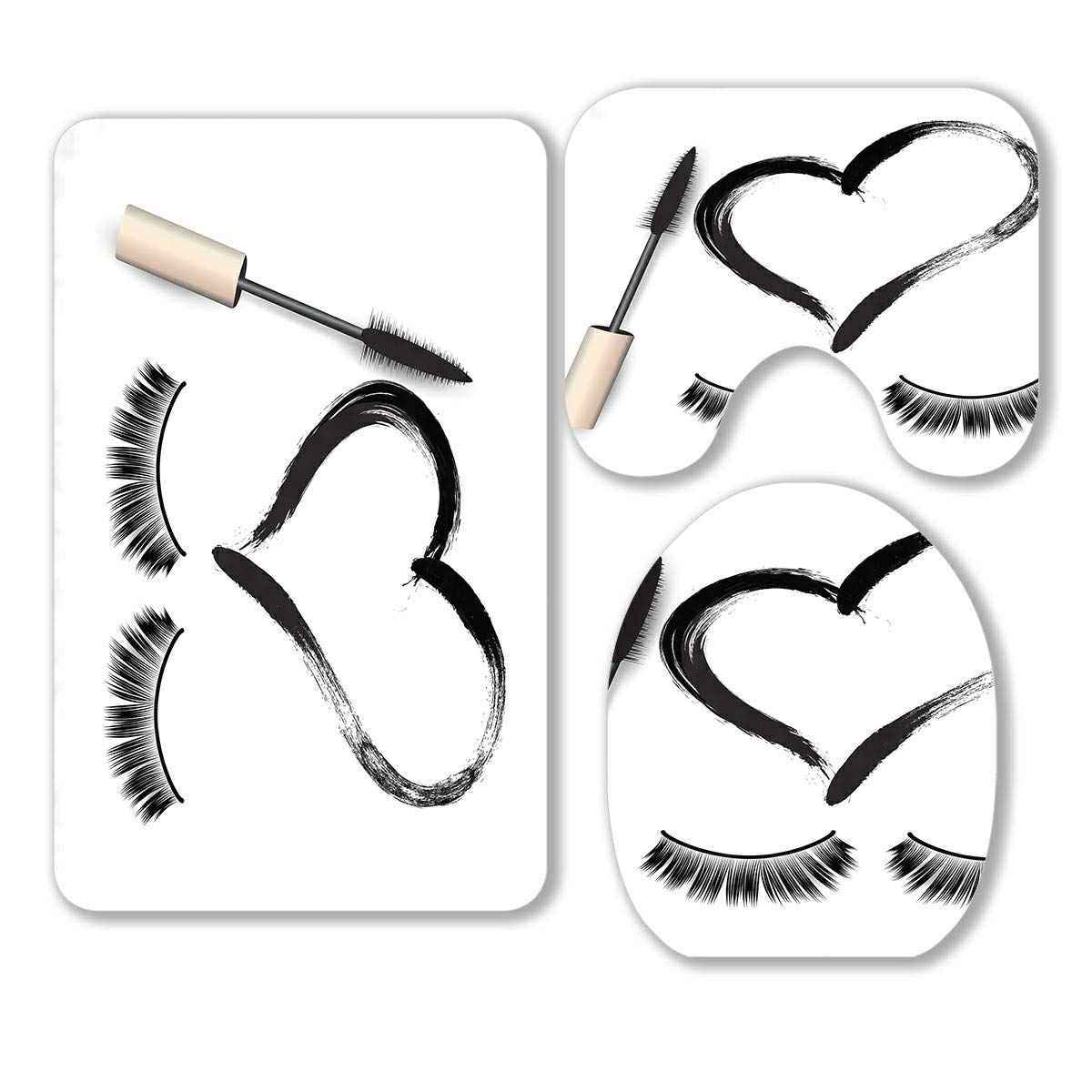 ECZJNT False Eyelashes & Mascara Brush Set with Black Grunge Style 3-Piece Bathroom Rug Set - Non-Slip Contour Mat & Toilet Lid Cover for Modern Home Decor