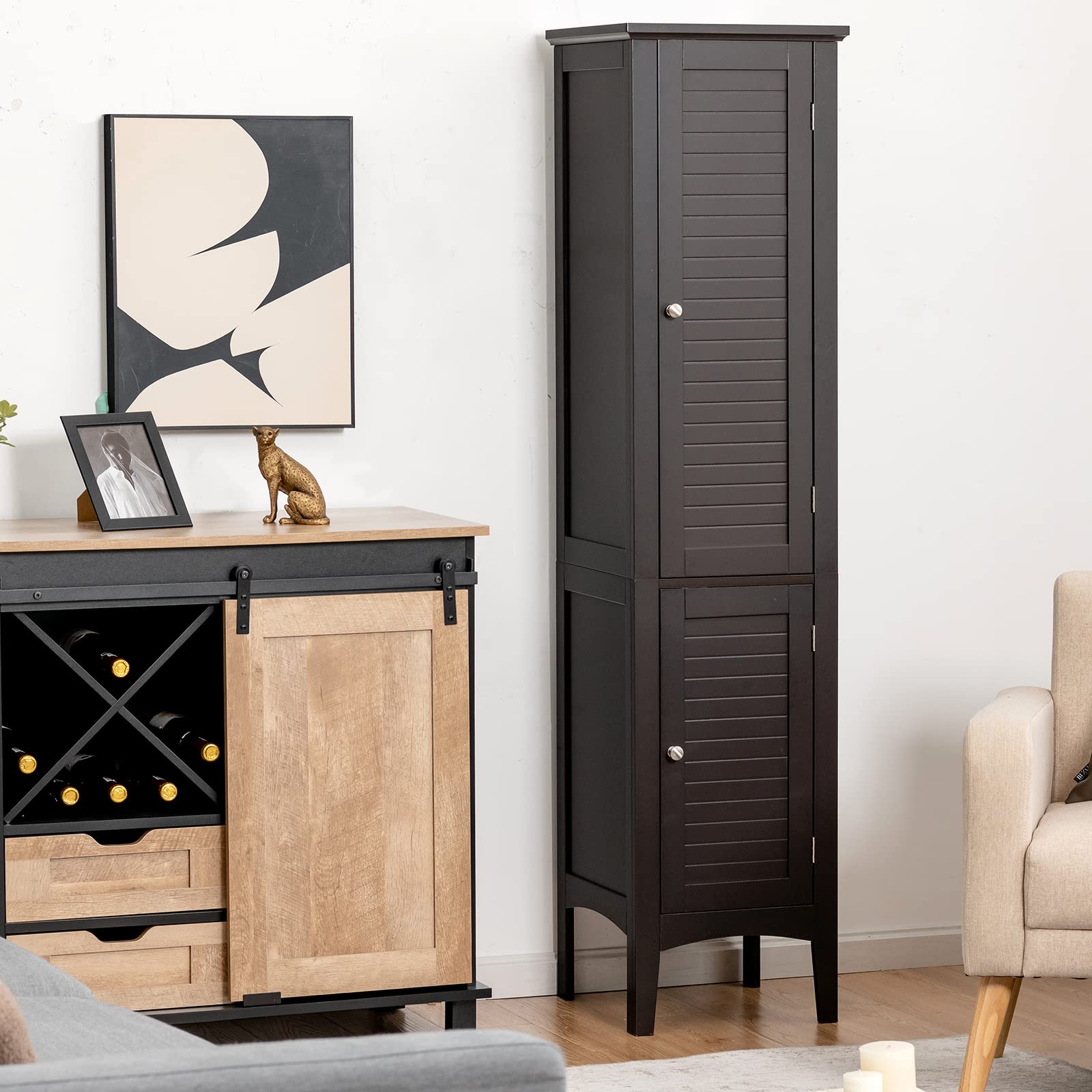 Tangkula 5-Tier Tall Bathroom Storage Cabinet - Freestanding Wooden Tower Organizer with 2 Doors & Shelves for Bathroom, Living Room, Kitchen - Narrow Floor Cabinet (Brown) | Perfect for Small Spaces, Apartment Storage & Home Organization