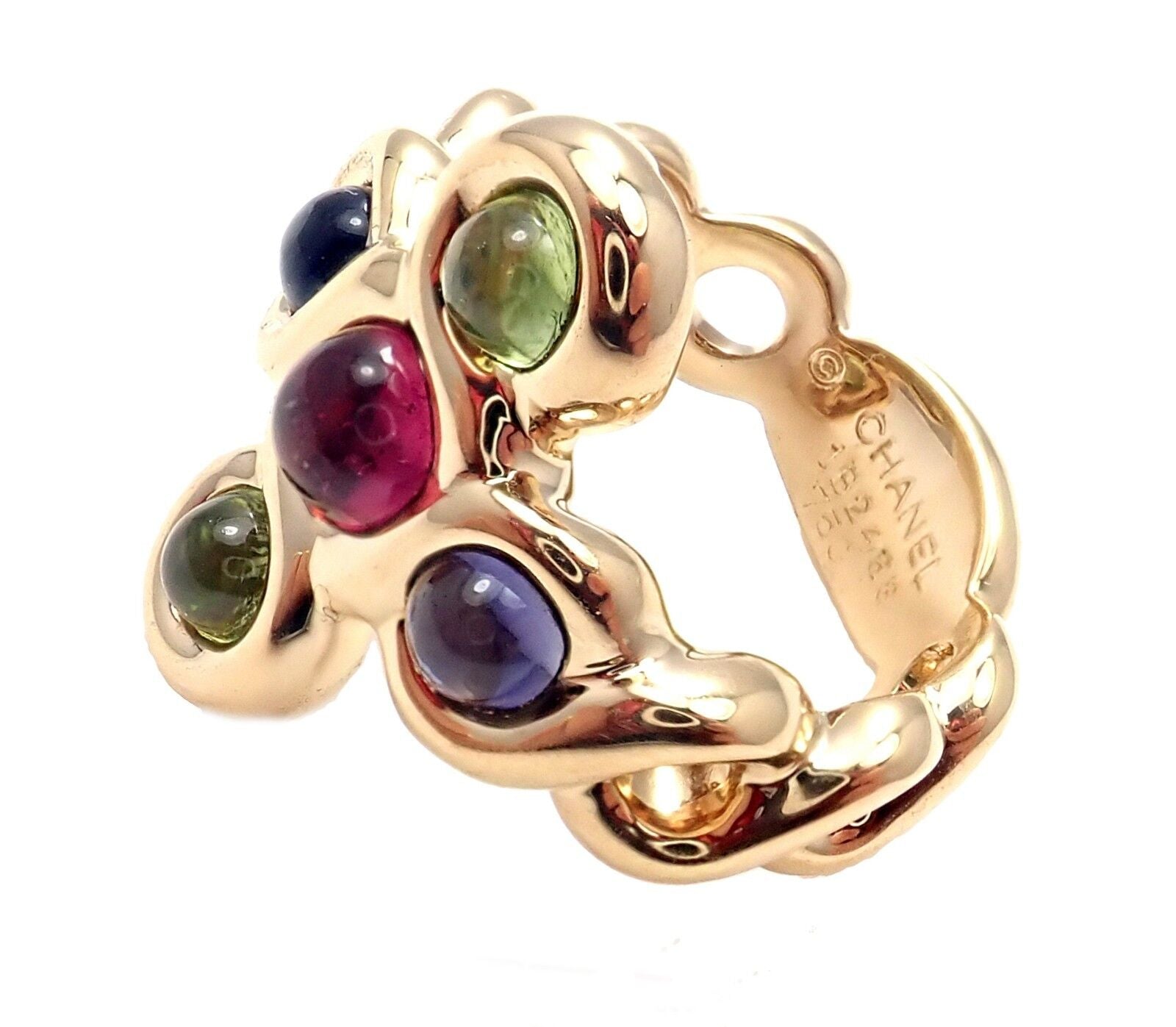 Authentic Chanel 18k Yellow Gold Pink Green Tourmaline Ring Size 4.5 - Luxury Jewelry for Women, Perfect for Weddings, Anniversaries & Special Occasions