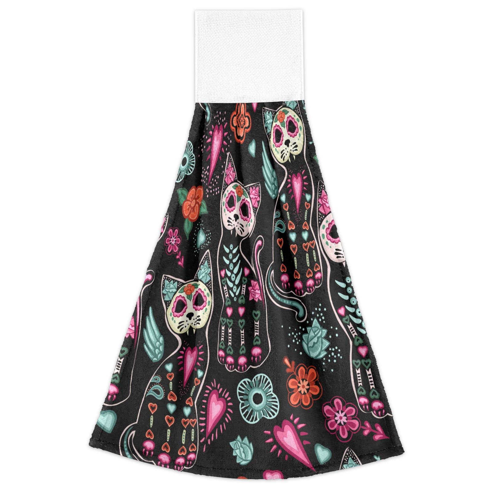 Halloween Cat Skeleton Hanging Kitchen Towels Set of 2 - Sugar Skull Floral Print Oven Mitt & Hand Towel for Kitchen, Bathroom Decor - Perfect for Halloween Party, Home Decor & Gift Giving