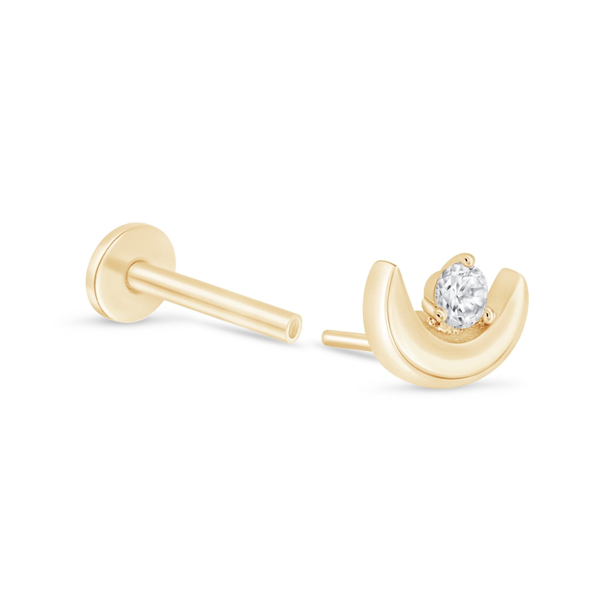 14K Yellow Gold Diamond Crescent Moon Flat Back Stud Earrings for Women - Perfect for Everyday Wear, Parties & Gifts