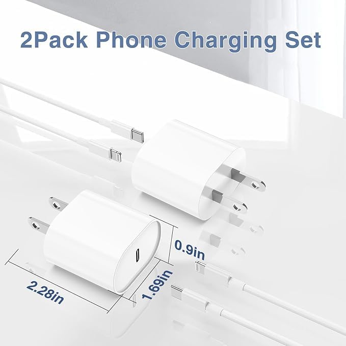 20W Fast Charger for iPhone 14 13 12 Pro Max/Plus - 2 Pack USB C to Lightning Cable (6FT+10FT) with Power Adapter - Quick Charge Compatible with iPhone 14/13/12 Series - Perfect for Home, Office & Travel Charging - White