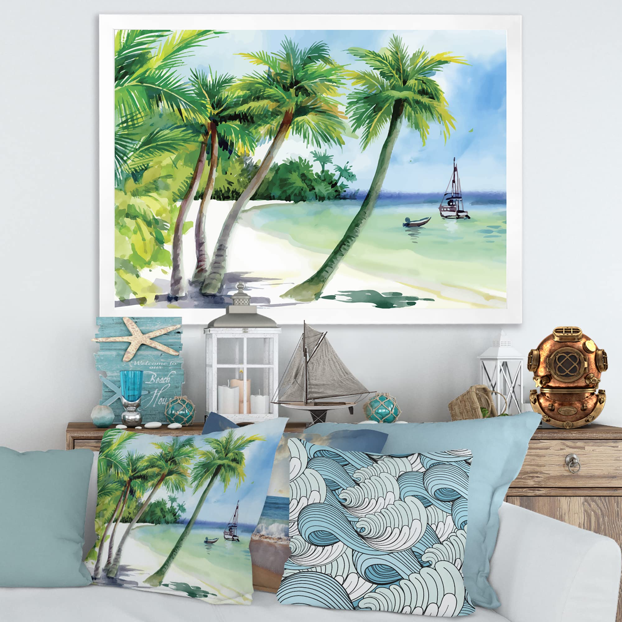 DesignQ Summer Beach Palm Trees Nautical Coastal Framed Wall Art - Tropical Ocean Themed Home Decor for Living Room, Bedroom, Office