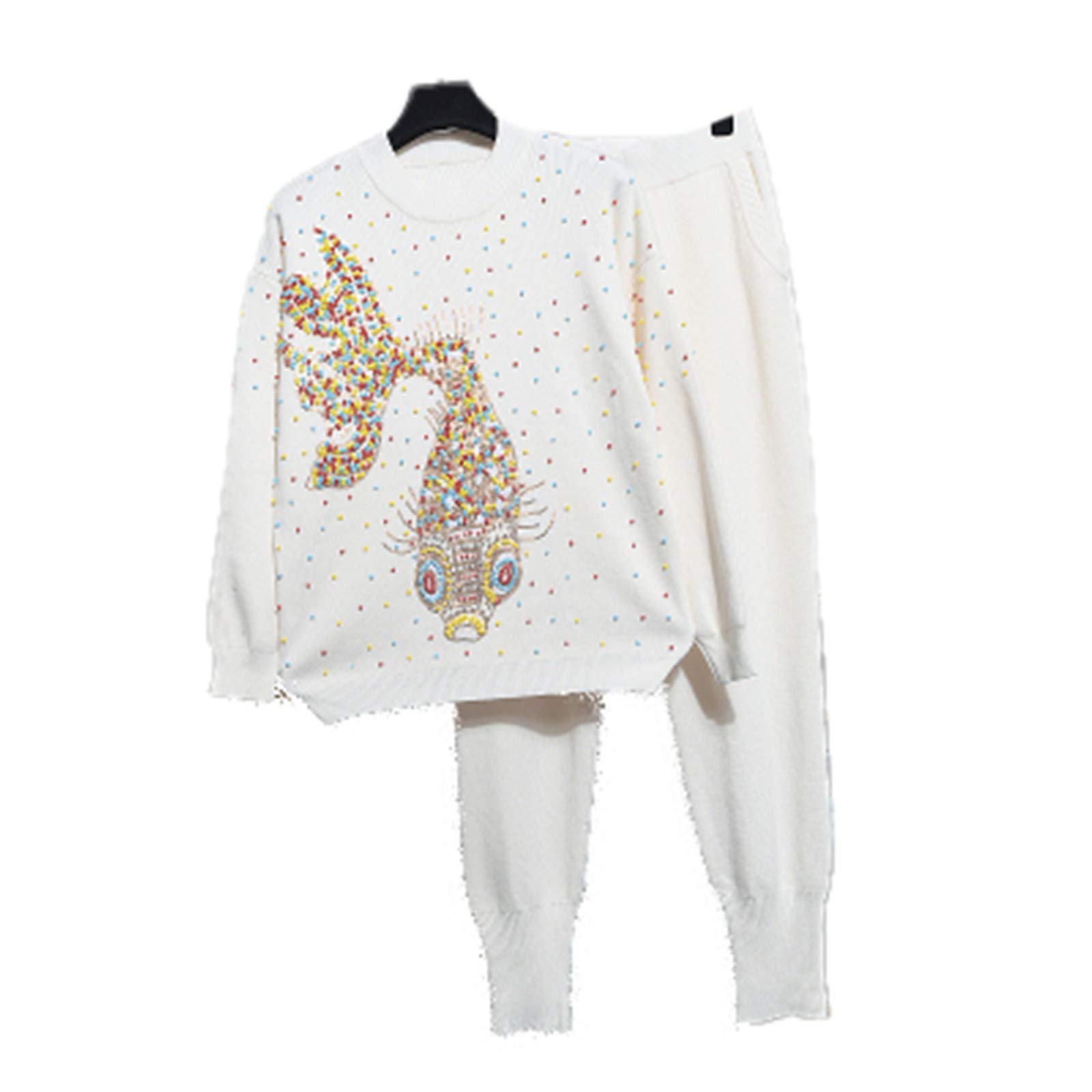 MNXOIA Women's Spring Knit Sweater Set with Goldfish Embroidery - Casual 2-Piece Tracksuit with Pants | Perfect for Spring Outfits, Daily Wear & Fashion Street Style