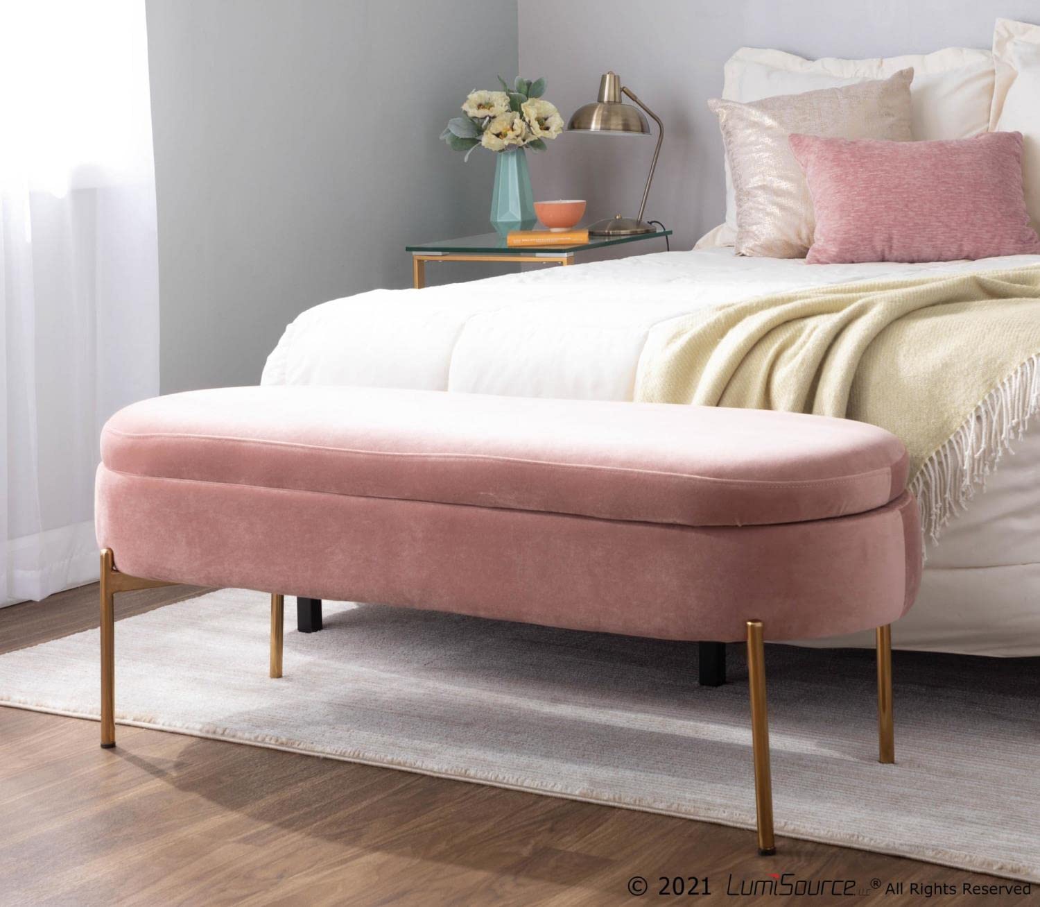 LumiSource Chloe Velvet Upholstered Storage Bench - Blush Pink Entryway & Bedroom Bench with Hidden Storage | Perfect for Small Space Organization, Shoe Storage & Seating Solution