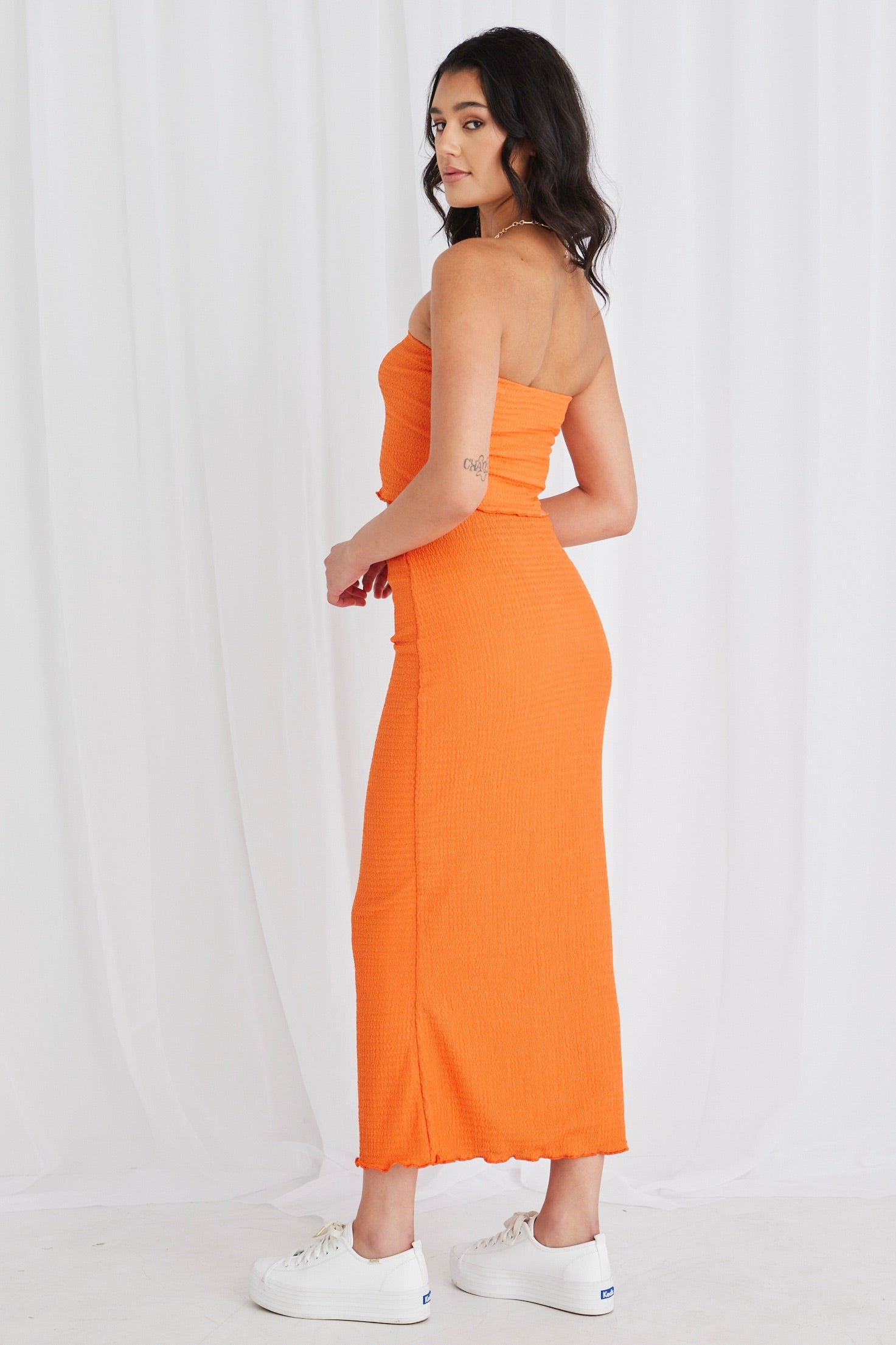 Beacon Orange Zigzag Knit Tube Skirt - Women's Stretchy Bodycon Midi Skirt for Casual Wear & Night Out