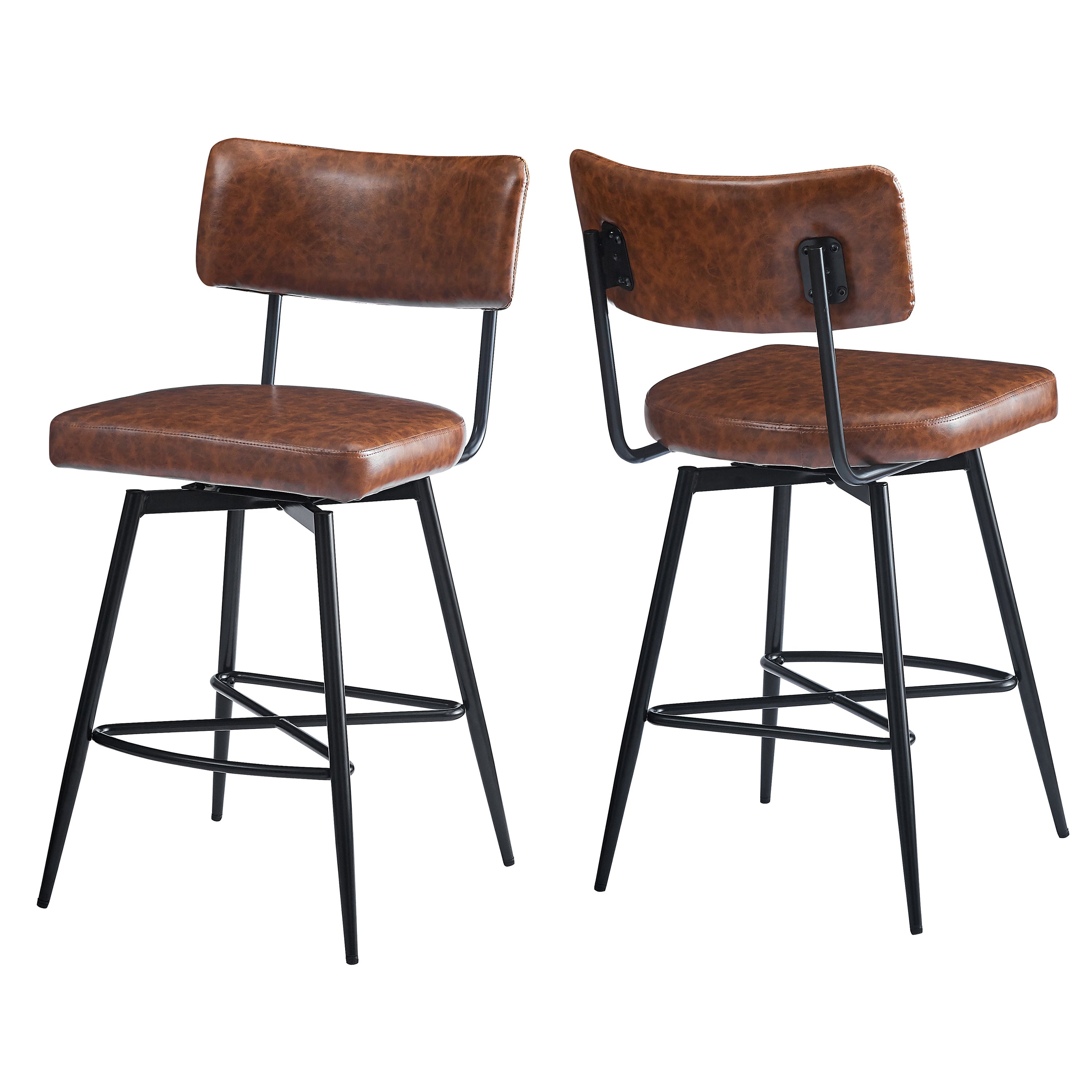 26'' Retro Swivel Counter Stools Set of 2 - Iron Frame & PU Cushioned Bar Stools for Kitchen Island, Breakfast Nook or Home Bar - Vintage Style Adjustable Height Stools