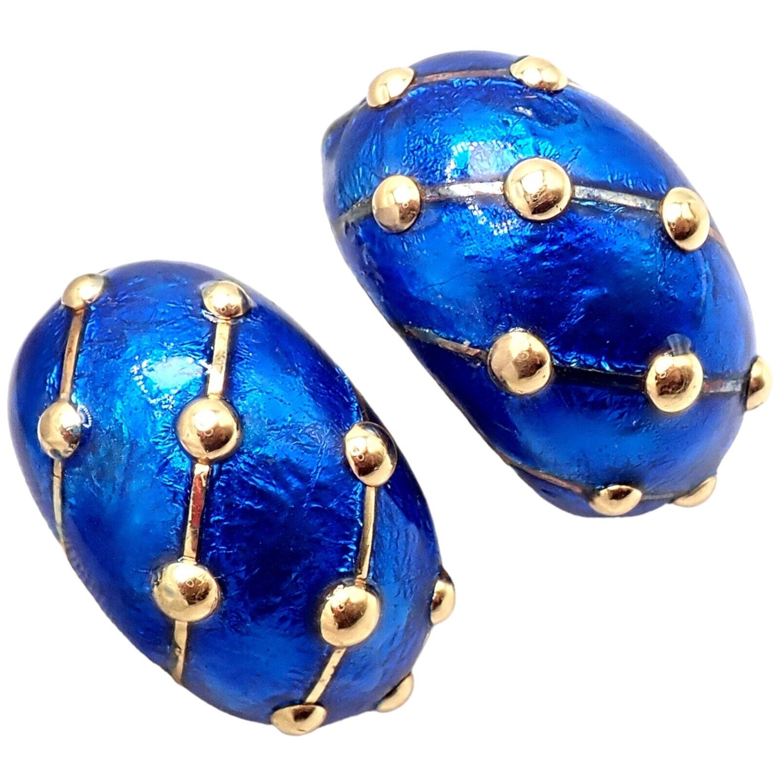 Tiffany & Co Schlumberger 18k Yellow Gold Large Blue Enamel Banana Clip Earrings - Luxury Vintage Jewelry for Women, Perfect for Parties, Weddings & Special Occasions