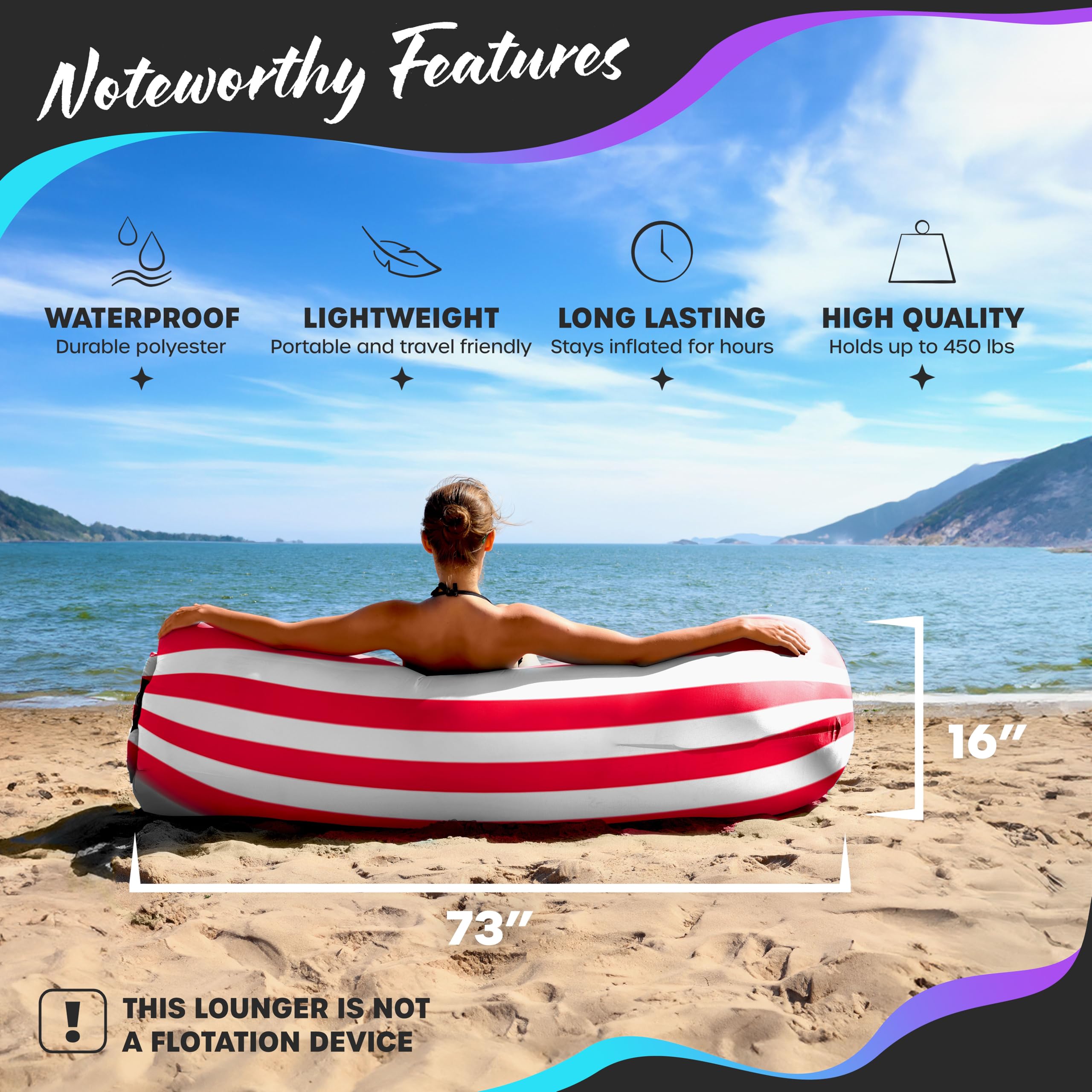 Nevlers Inflatable Lounger - 210T Polyester Portable Air Sofa Bed with 450 lbs Capacity, No Pump Needed, Built-in Pockets & Carry Bag - Perfect for Camping, Beach, Poolside, Backyard & Indoor Use - Inflatable Couch for Adults and Kids