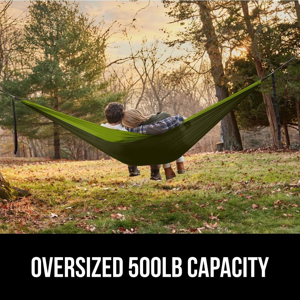 GORILLA GRIP Heavy Duty Camping Hammock - 400lb Capacity Portable Travel Hammock with Tree Straps | 10x6.5 FT Green Outdoor Hammock for Backpacking, Beach, Yard & Patio Relaxation