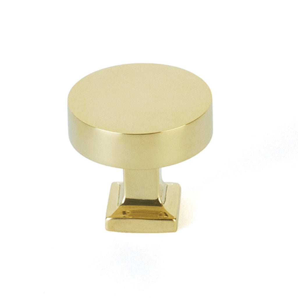 Haniburton Square Base Round Cabinet Knob - Solid Brass Hardware for Kitchen & Bathroom Cabinets - Unlacquered Brass Finish for Vintage Style - Perfect for Home Renovation & Furniture Upgrade