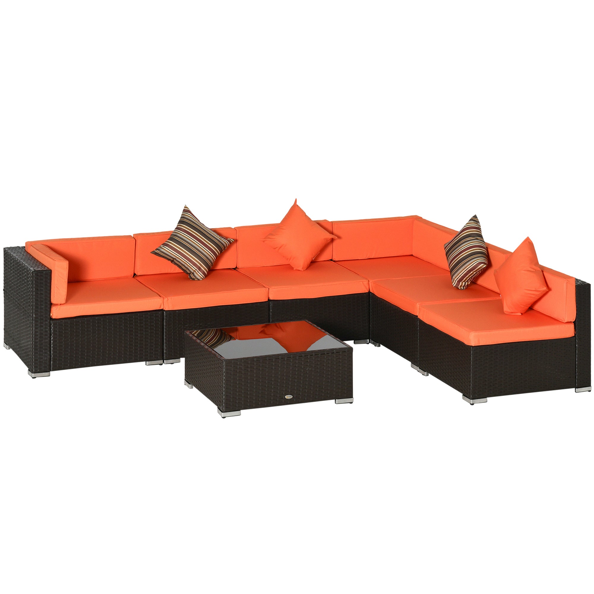 Outsunny 7-Piece Garden Wicker Sectional Patio Set with Coffee Table, Rattan Sofa & Cushions - Outdoor Lounge Furniture for Deck, Backyard, Poolside (Orange)