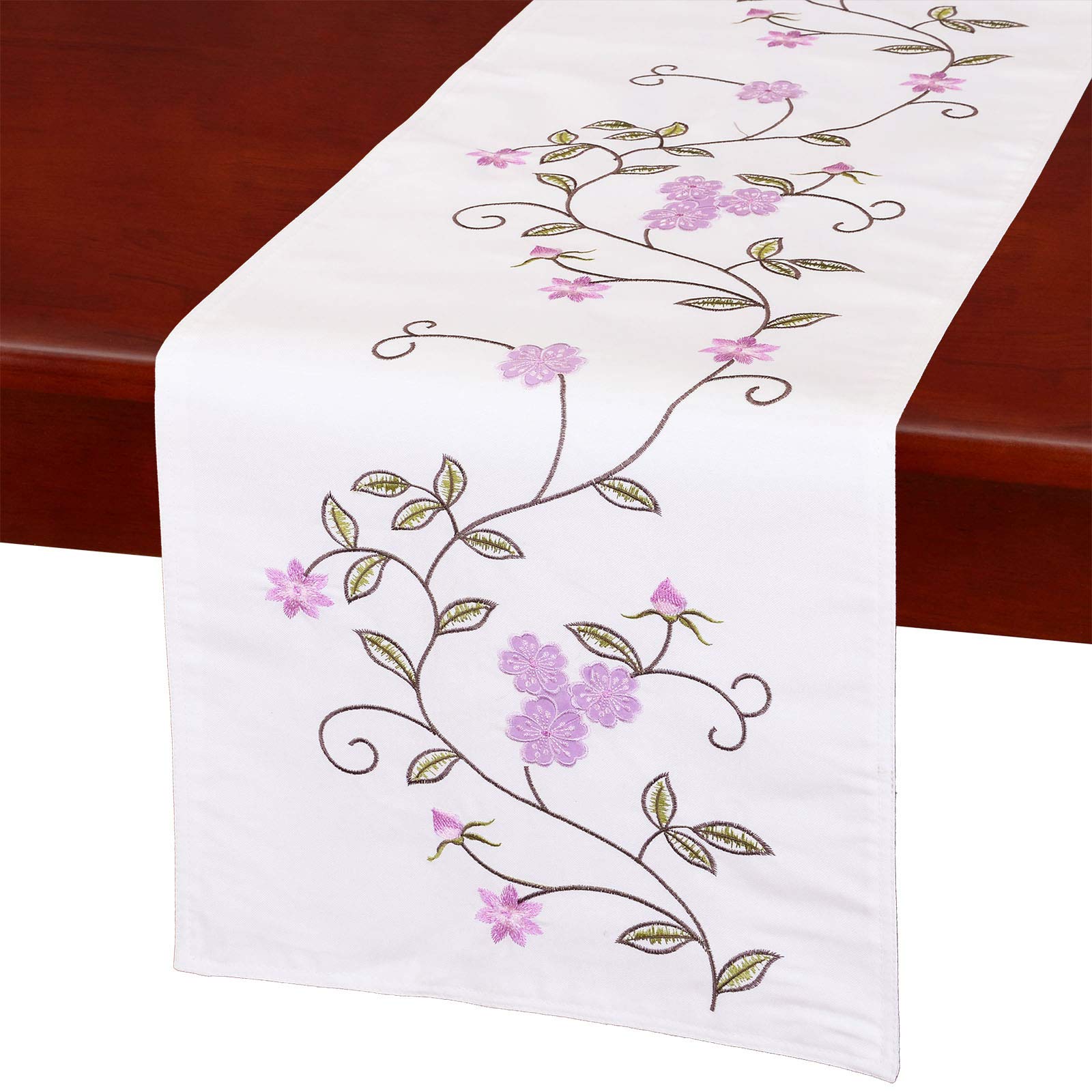 Simhomsen Double Thickness Rustic Embroidered Floral Table Runner - 14×70 Inch Spring Summer Decorative Dresser Scarf (Purple) - Perfect for Dining Tables, Buffets, and Wedding Decorations