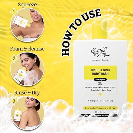Brightening Body Wash with Vitamin C & Alpha Arbutin - Glowing Skin Bodywash for Dark Spot Reduction & Even Skin Tone - 30X Vitamin C & Camu Camu Extract - Unisex Hydrating Shower Gel (236ml) - Perfect for Daily Skincare Routine & Post-Workout Refreshment