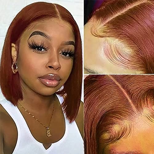 KLAIYI 10A Reddish Brown Short Bob Straight Lace Front Wig - Brazilian Human Hair 150% Density 12 Inch - Auburn Brown Cooper Red #33 T Part Lace Wigs for Black Women | Natural Look for Daily Wear, Parties & Cosplay