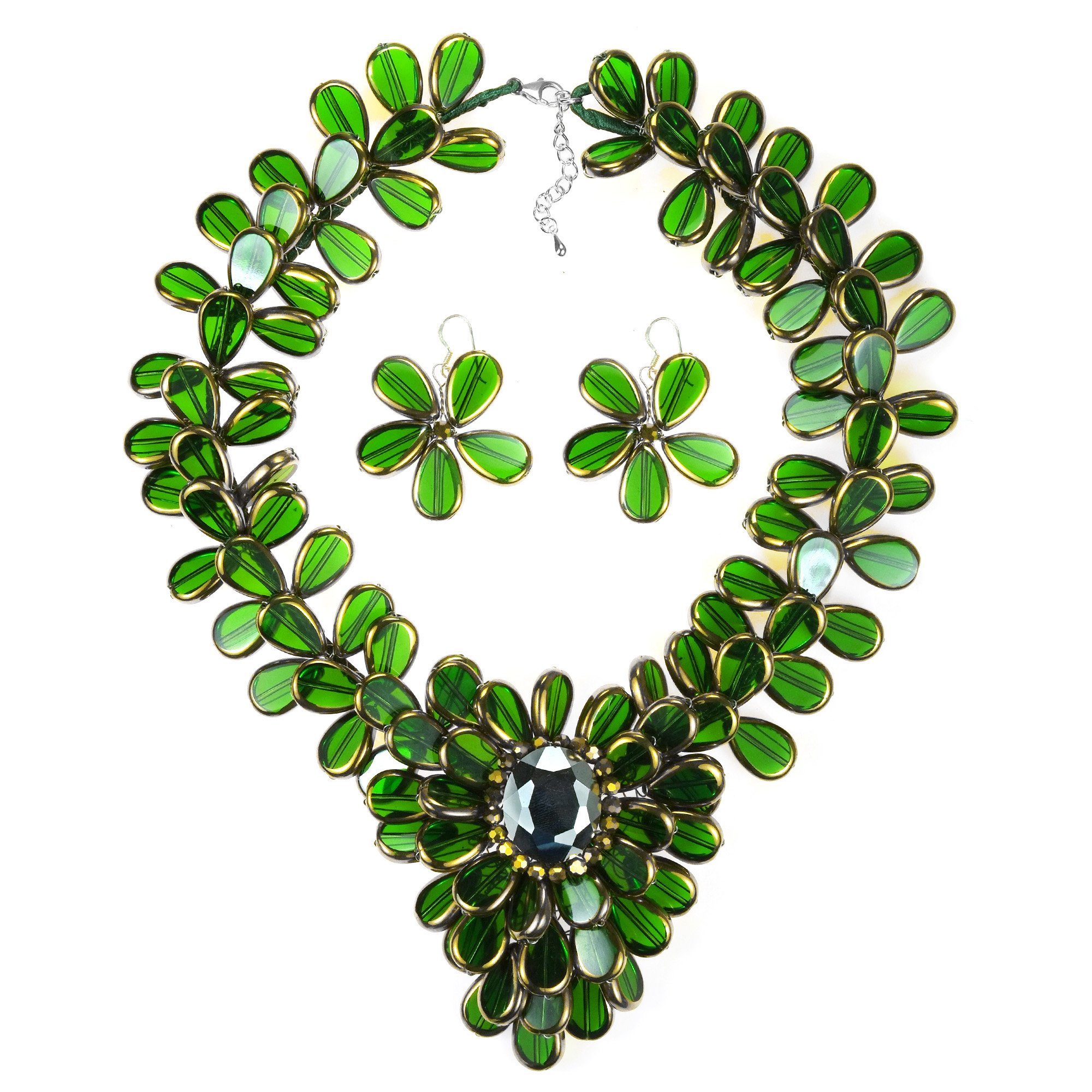 AeraVida 925 Sterling Silver Green Olive Branch Necklace Set - Elegant Glass Flower Pendant Jewelry for Women, Perfect for Weddings, Parties & Everyday Wear