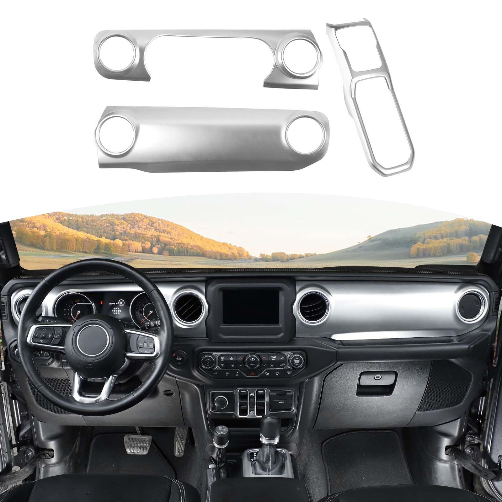 RT-TCZ Silver Dash Trim Cover & Gear Shift Panel Frame for Jeep Wrangler JL/JLU/Gladiator JT (2018-2023) - 3pc Interior Accessories for Enhanced Cabin Style & Protection